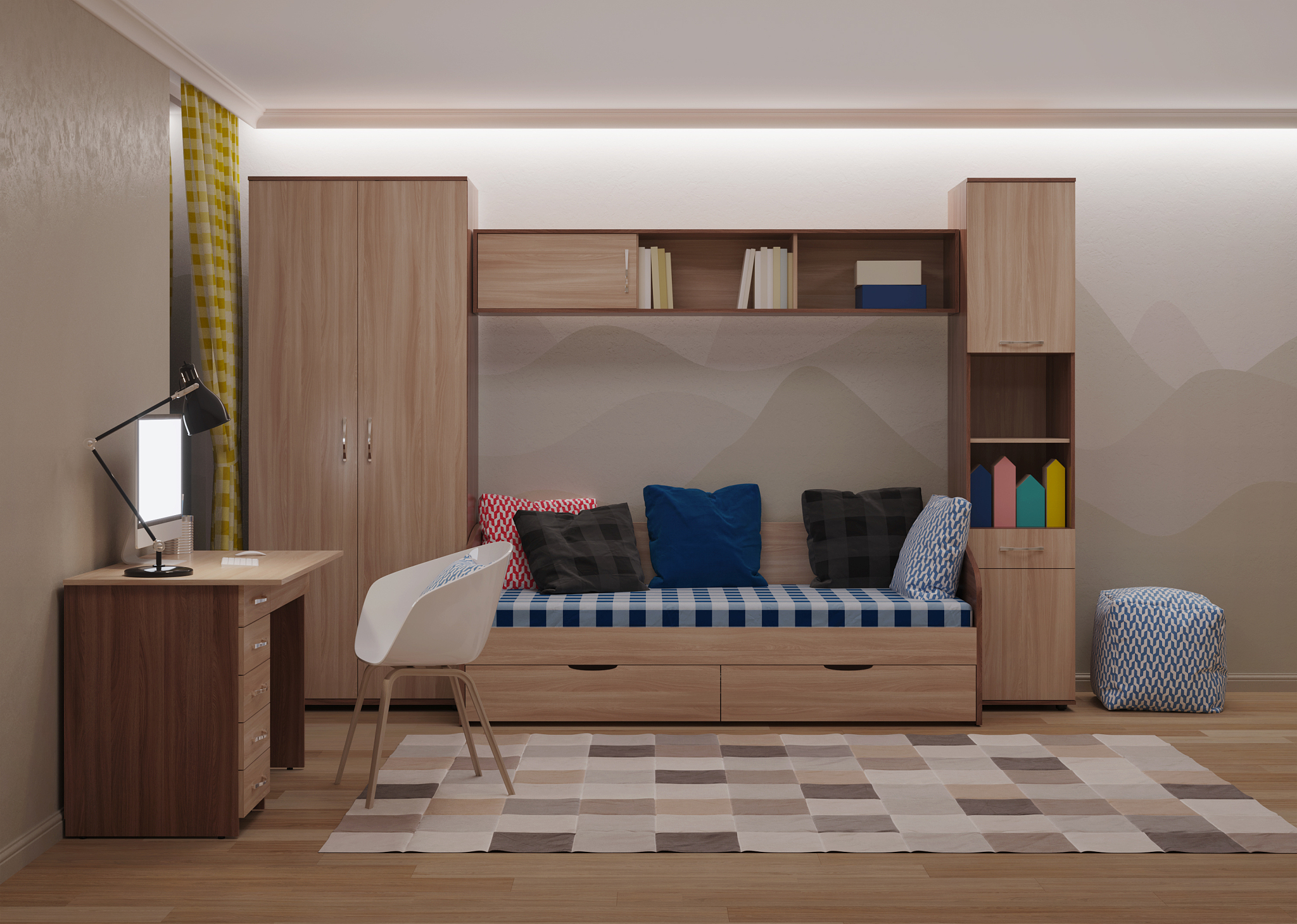 cozy stylish room designed for a teenager. night. evening lighti