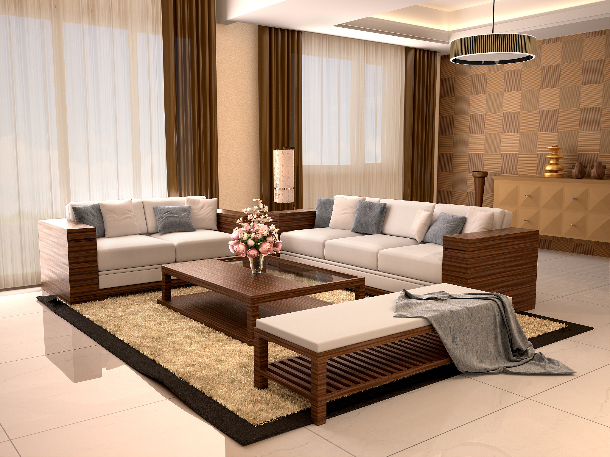 modern design living room warm colors. 3d illustration.