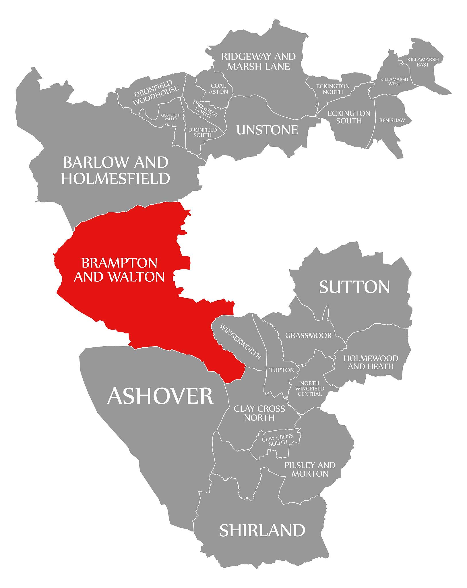 brampton and walton red highlighted in map of north east derbysh
