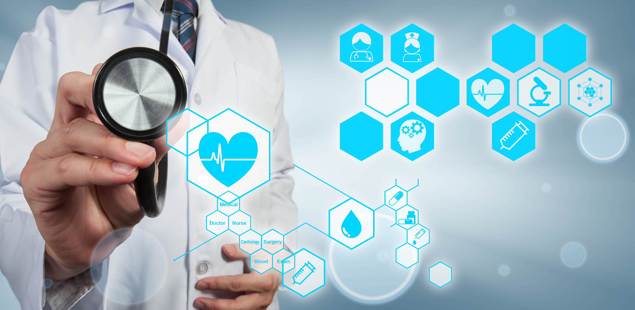 doctor holding stethoscope with medical icon