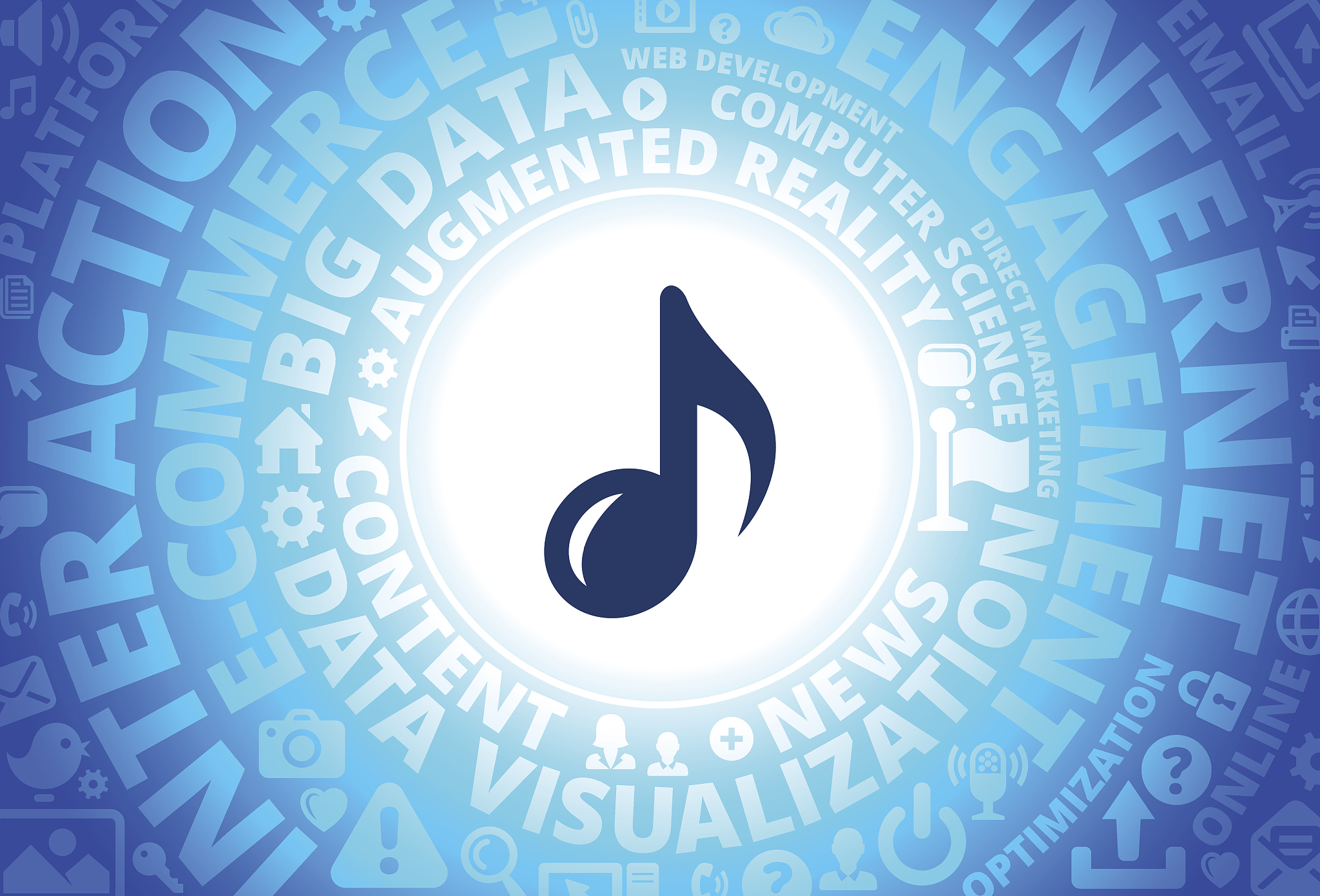 music note icon on internet modern technology words background