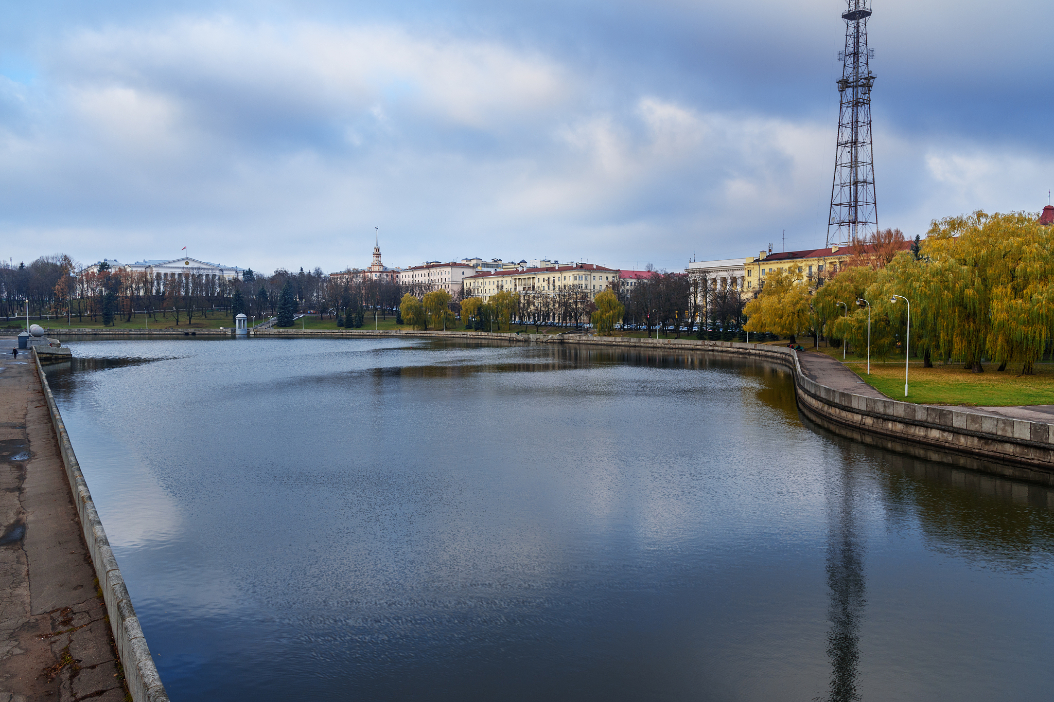 embakent of svisloch river in yanka kupala park in autumn. minsk