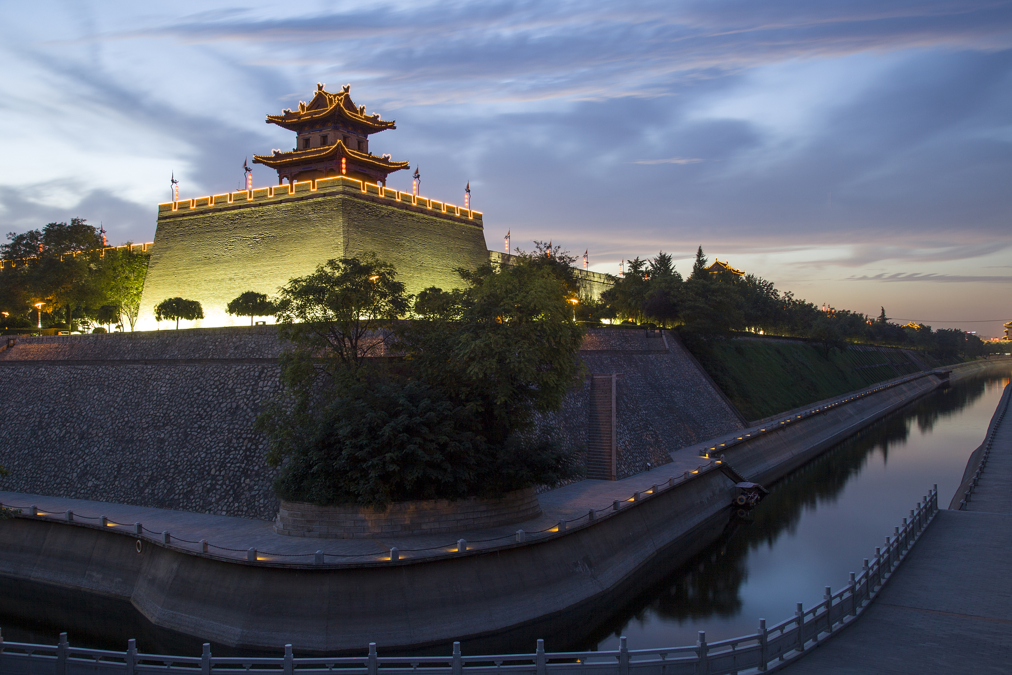 china, xi 'an, ancient city wall at night