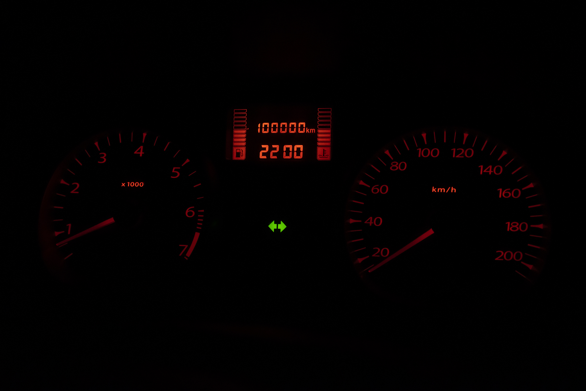 black automobile dashboard with orange lights of odometer and gr