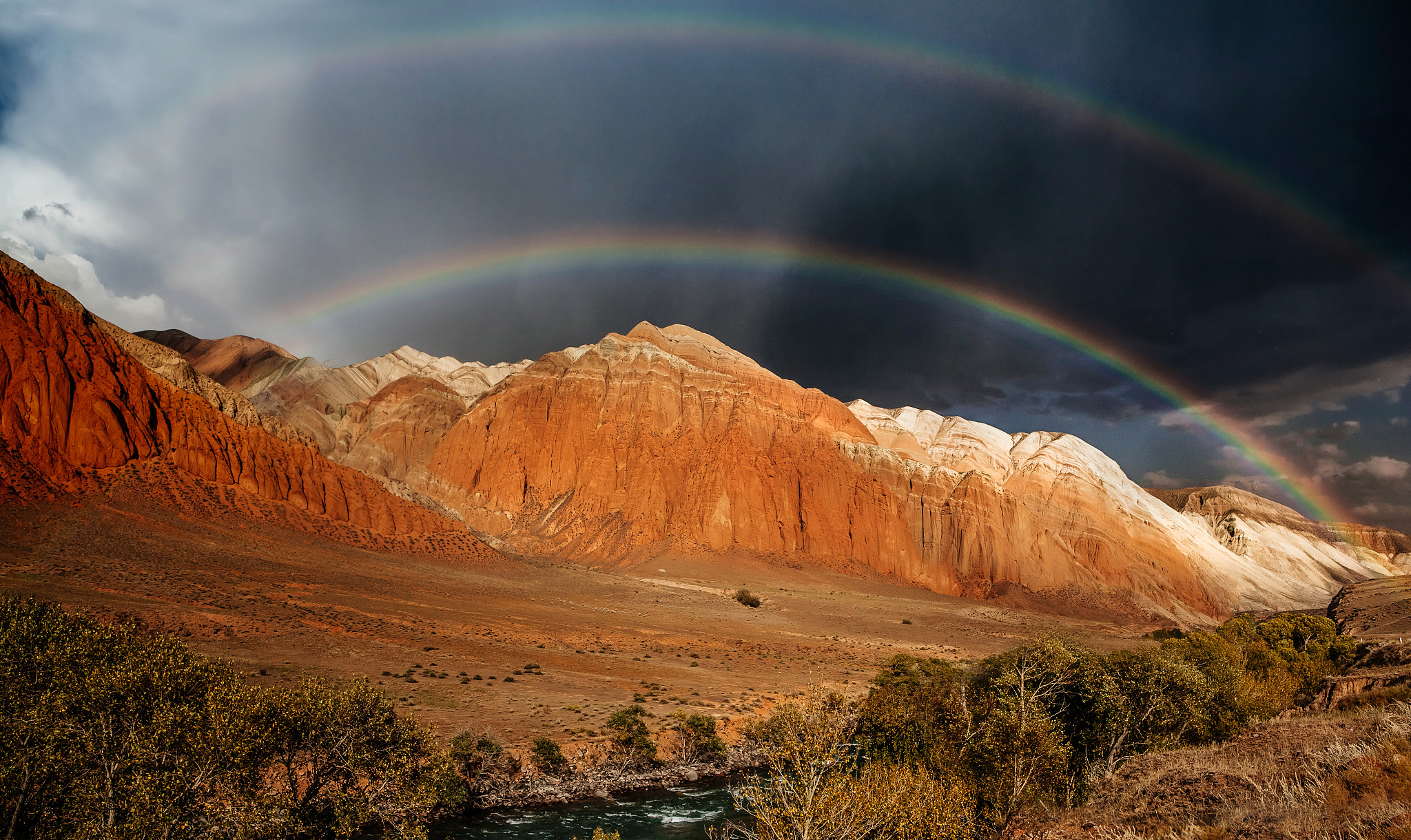 double rainbow over kyrgyz mountains, kyrgyzstan