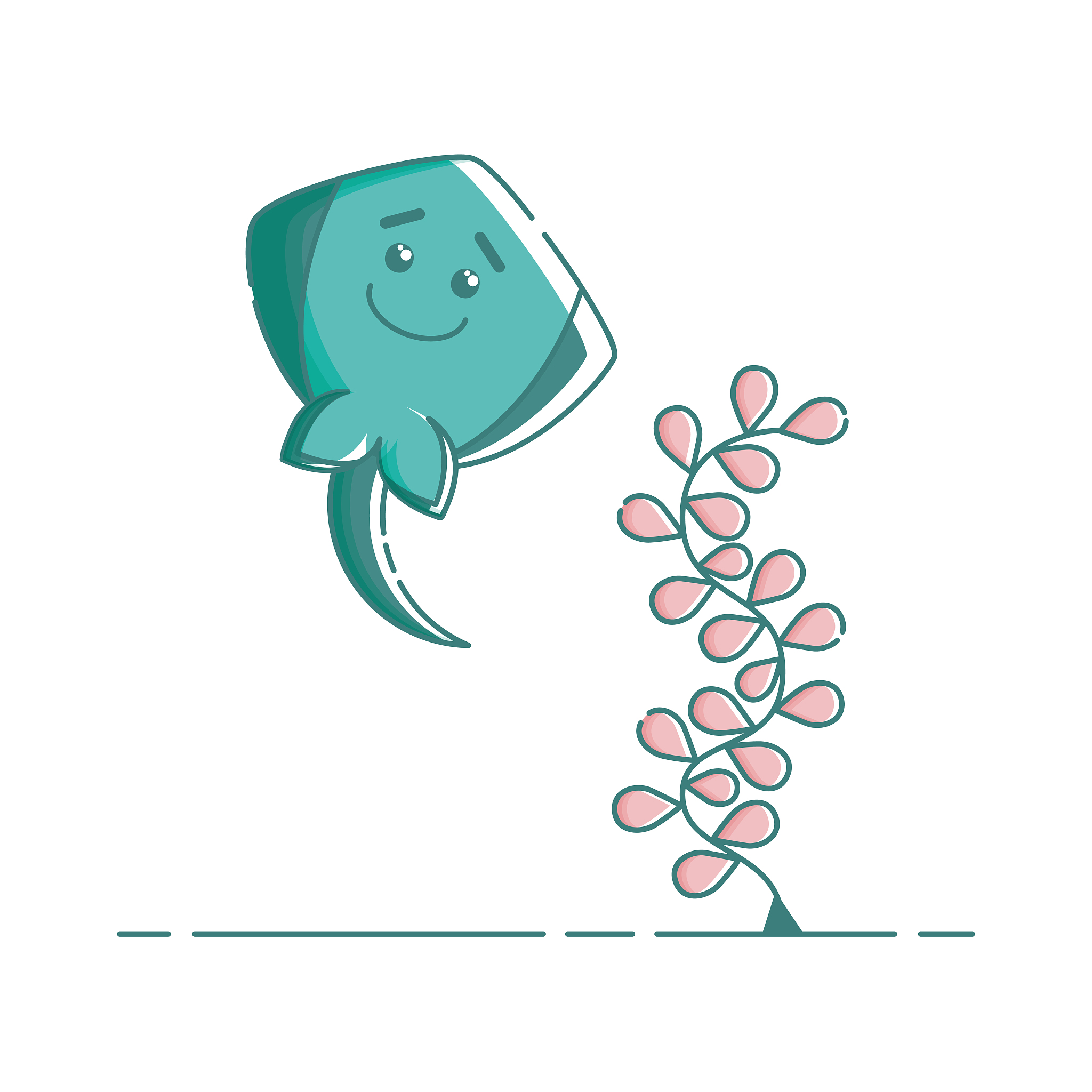 kawaii stingray and seaweed in flat linear style.