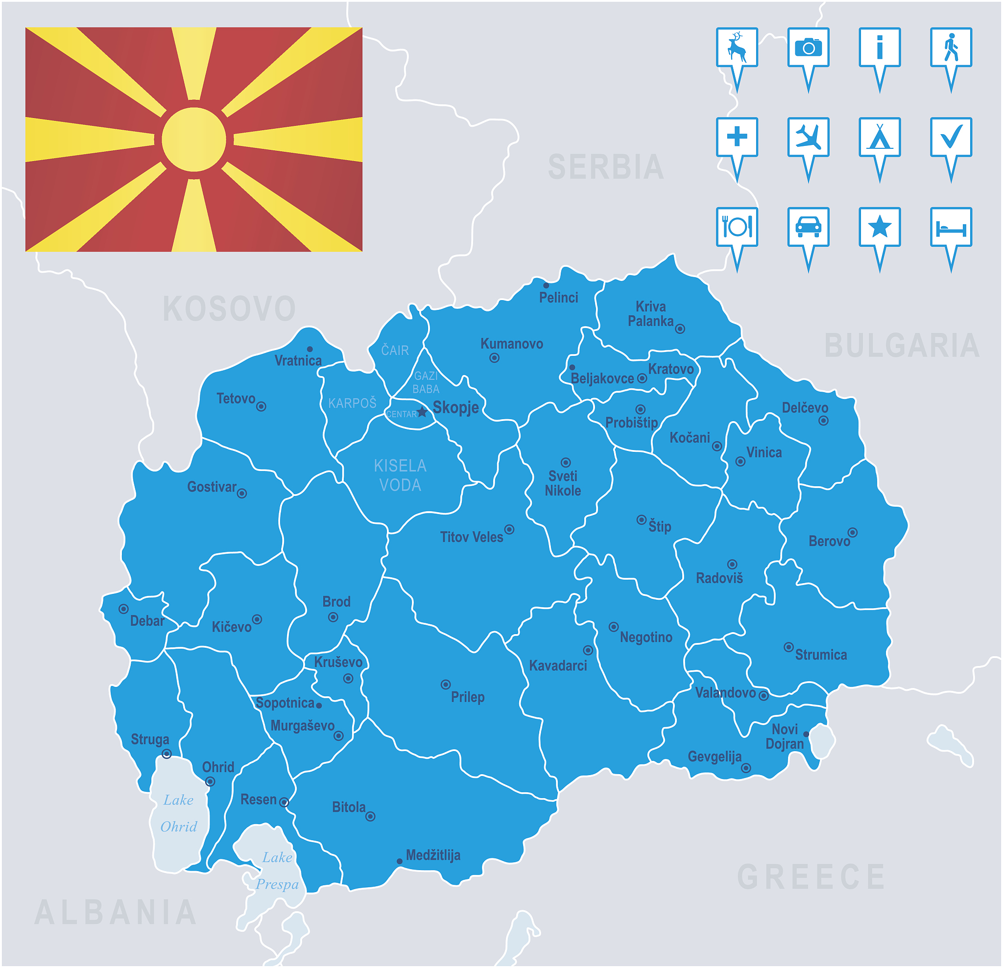 map of macedonia - states, cities, flag, navigation icons