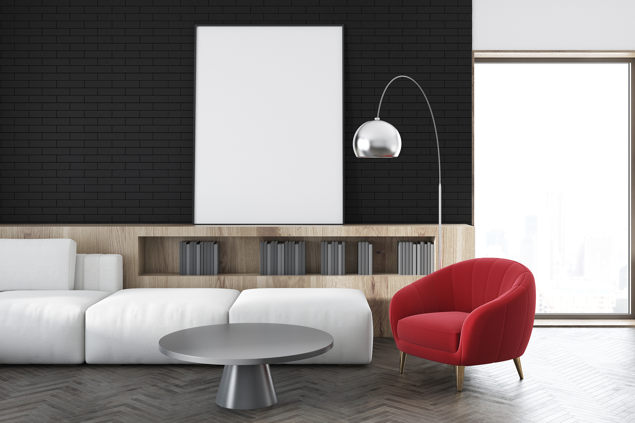 black wall living room, white sofa, poster close up