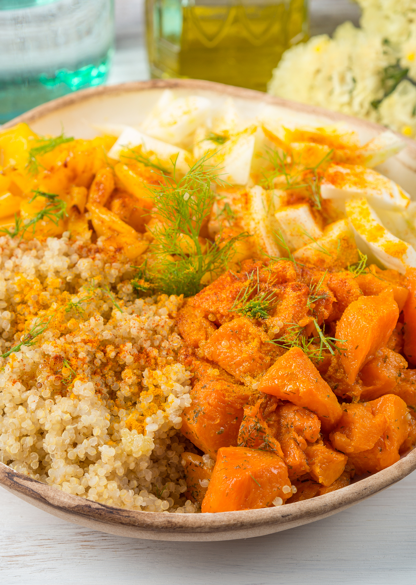 quinoa bowl with pumpkin, fennel, bell pepper