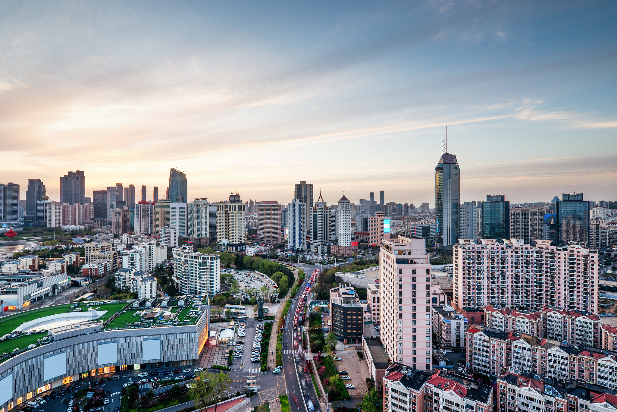 qingdao financial district at sunset