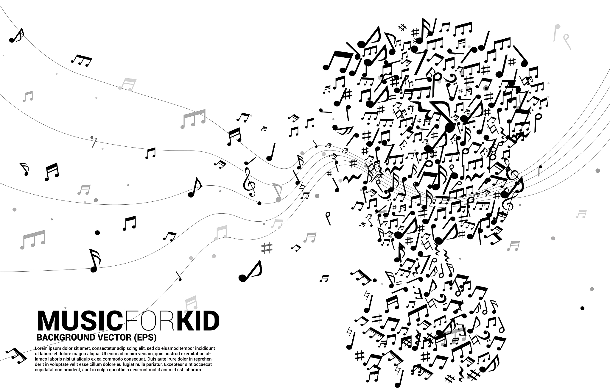 vector silhouette of child from dancing flow shape music note .