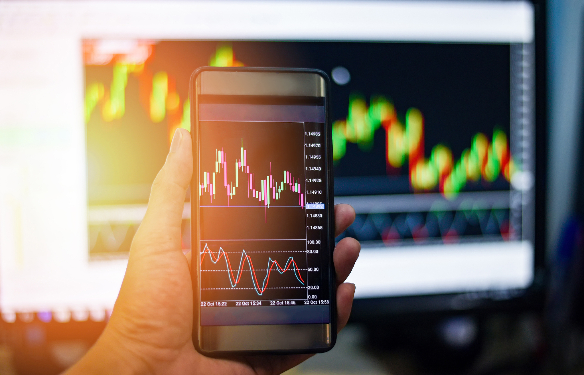 businessman trading exchange board data on mobile screen / forex