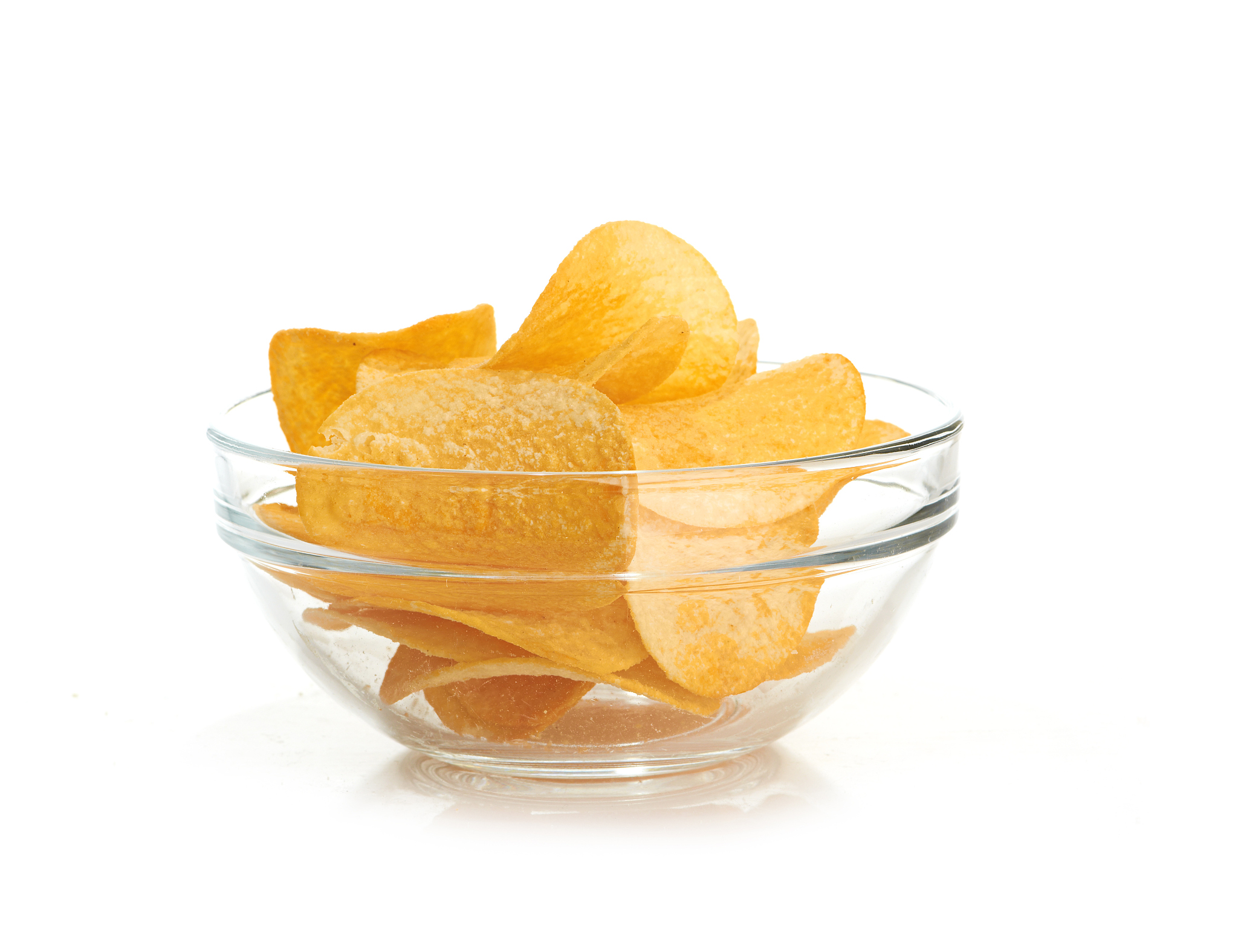 delicious potato chips in bowl isolated on white