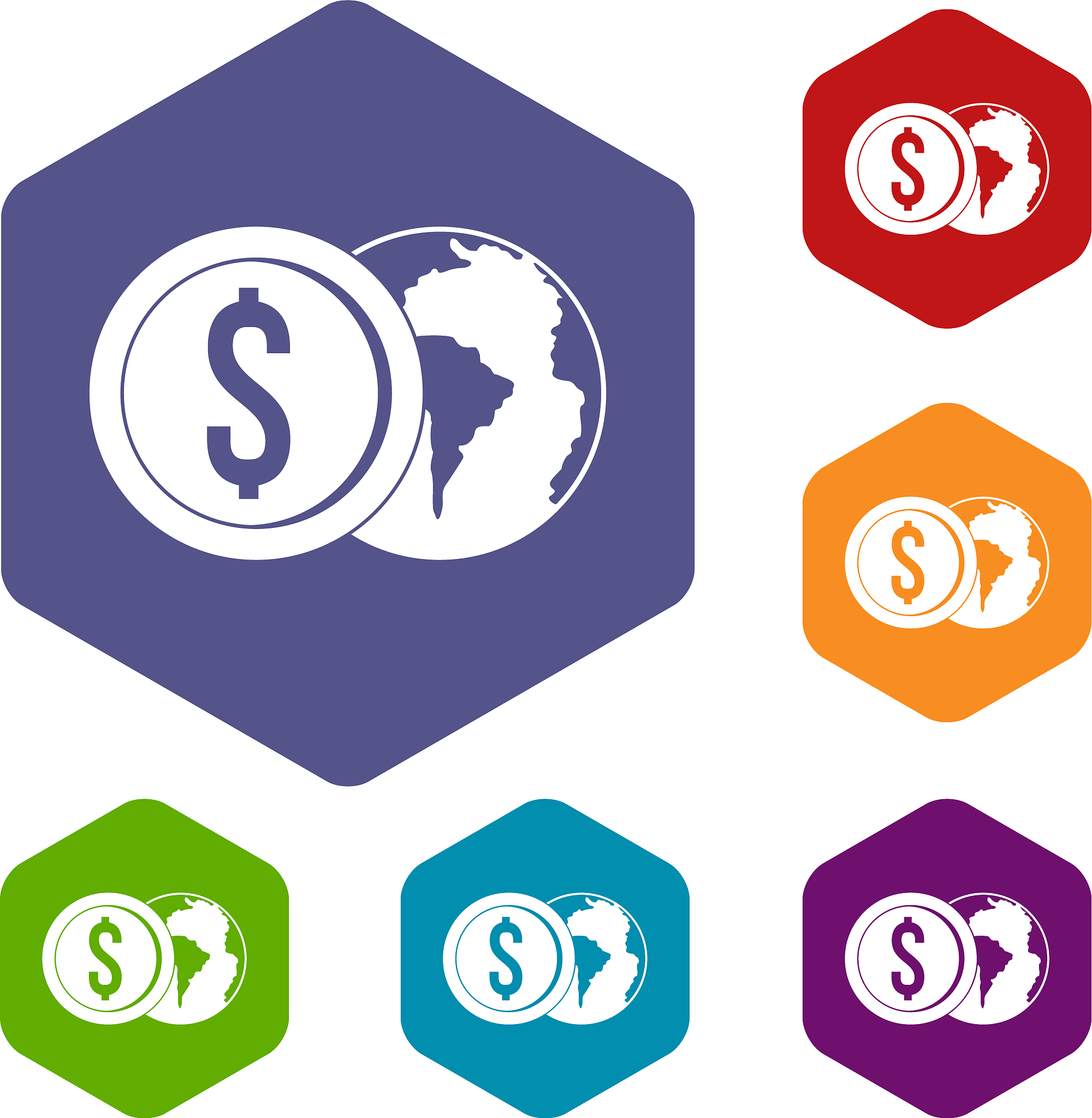 world planet and dollar coin icons set hexagon