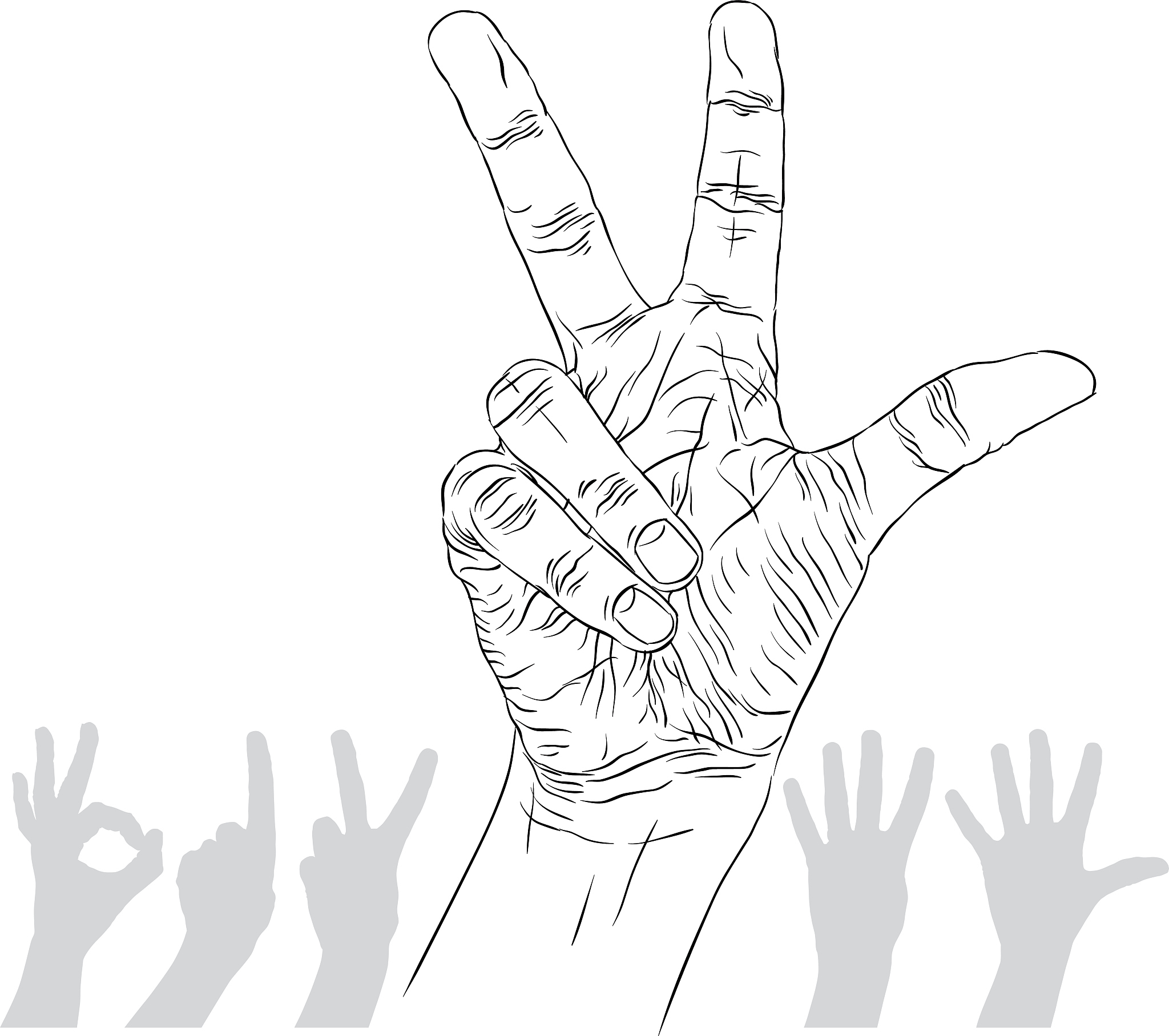 numbers hand signs set, number three, detailed black and white