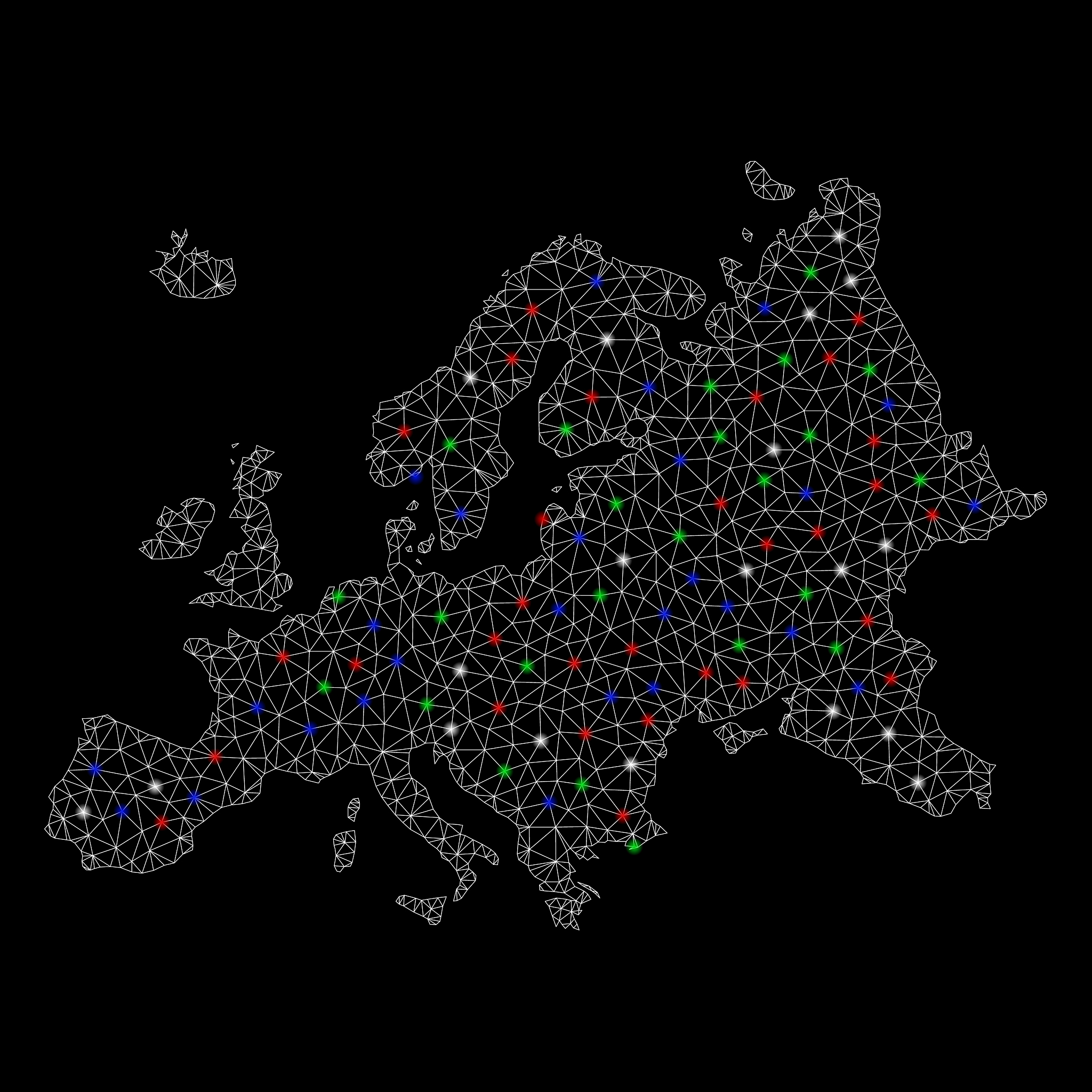 bright mesh carcass europe map with flash spots