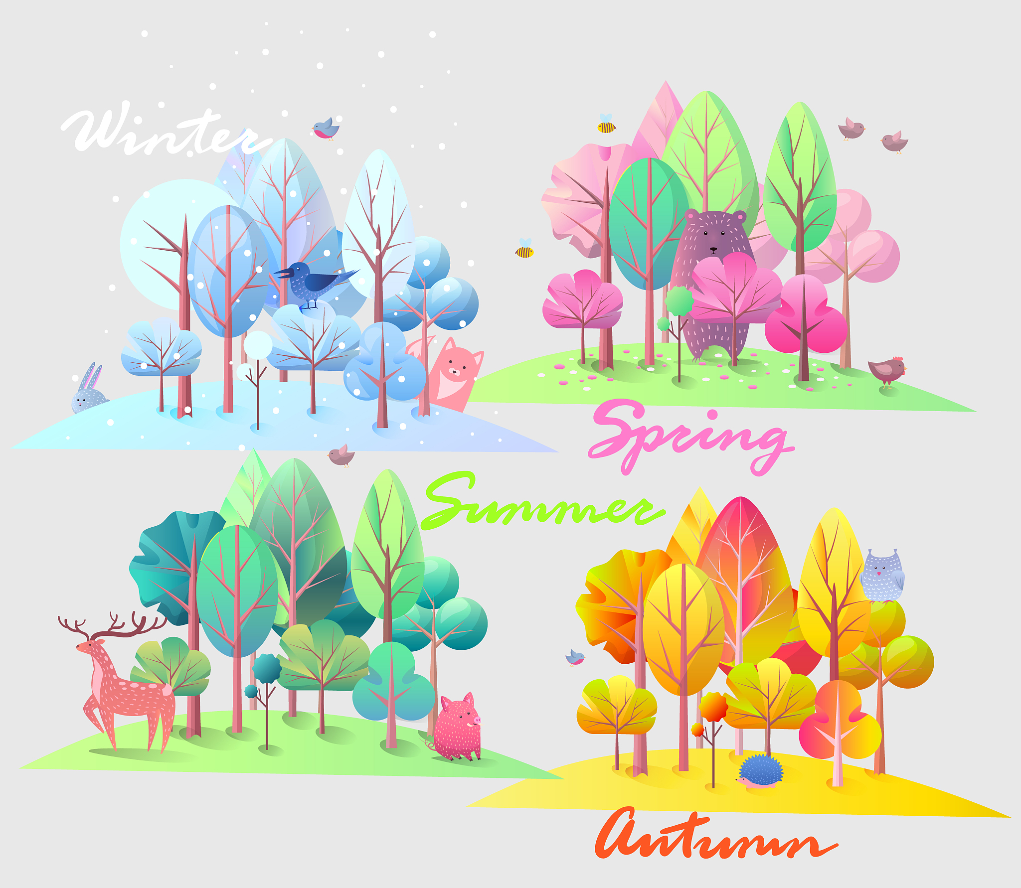 写一篇押韵的英语诗关于春夏秋冬