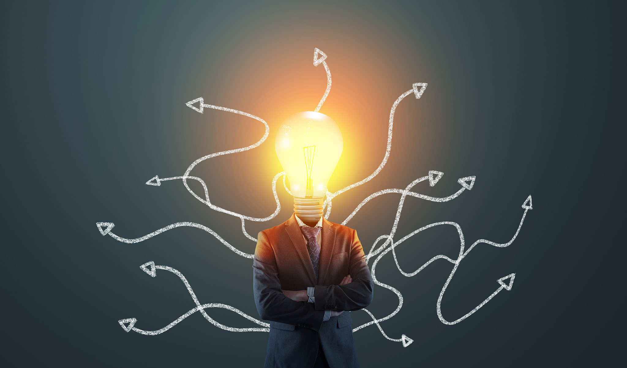 businessman with a lightbulb instead of head in front of differe