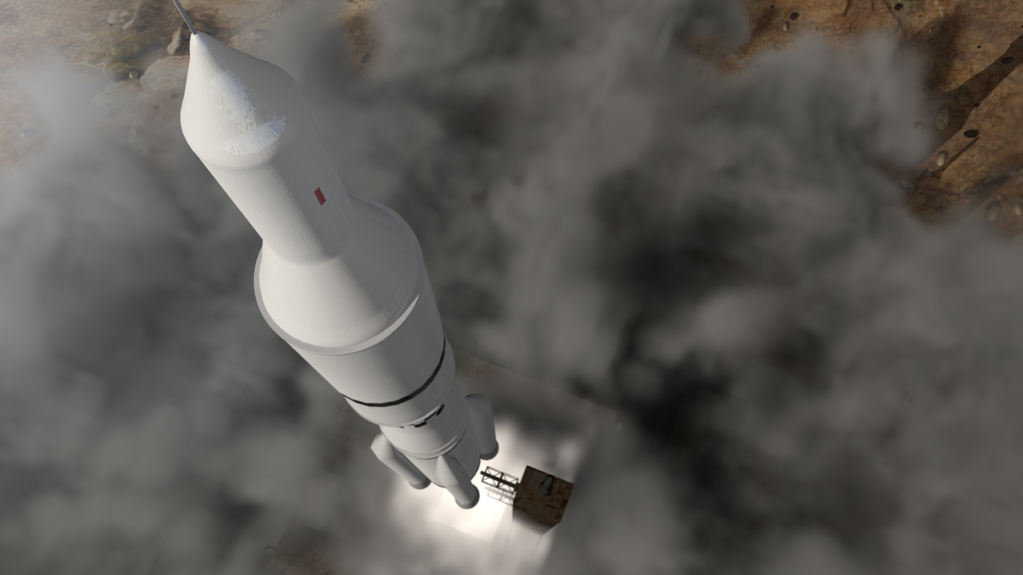 futuristic space rocket launch with smoke and dust