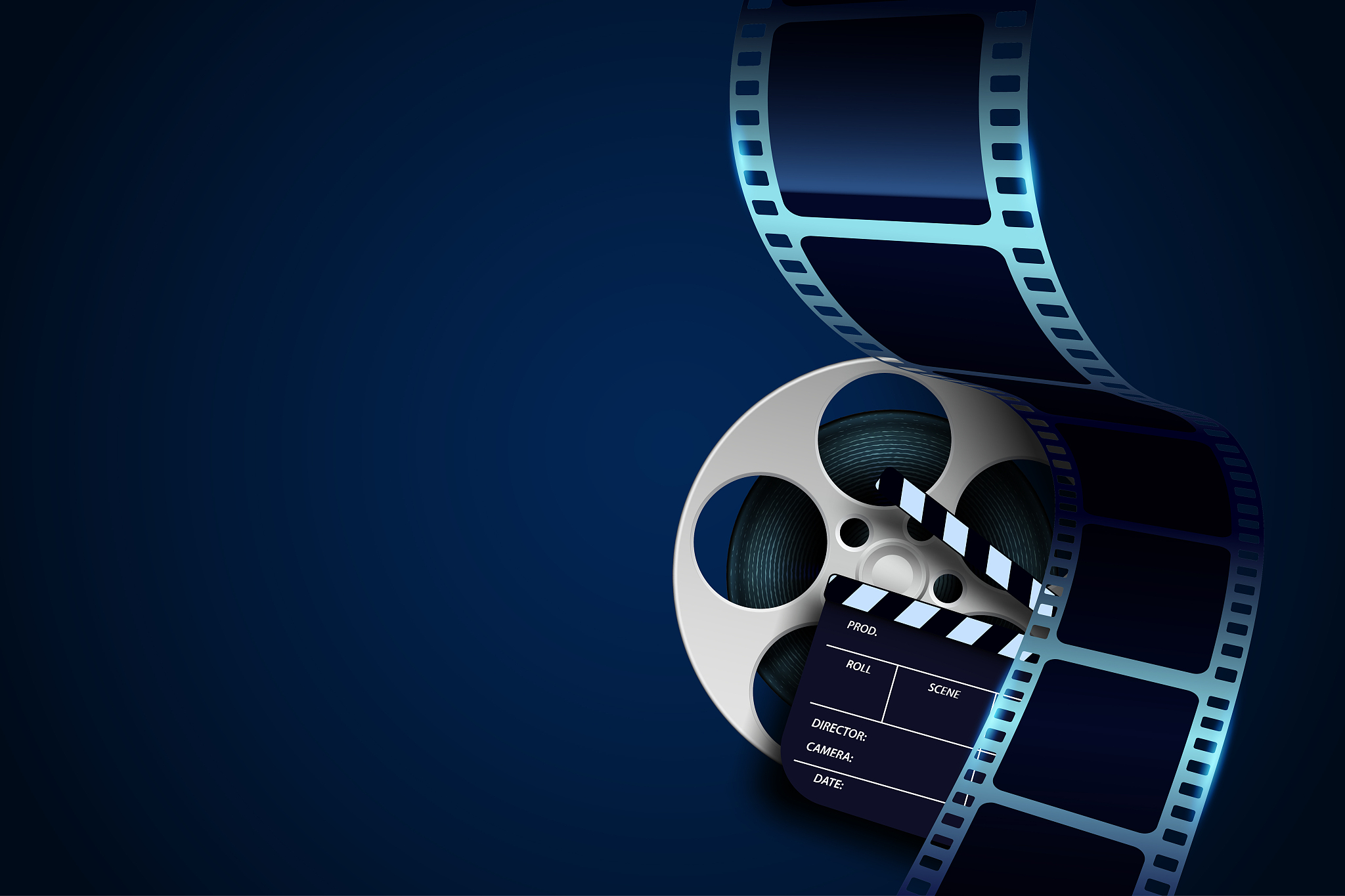 film reel, clapper board and twisted cinema tape isolated on blu