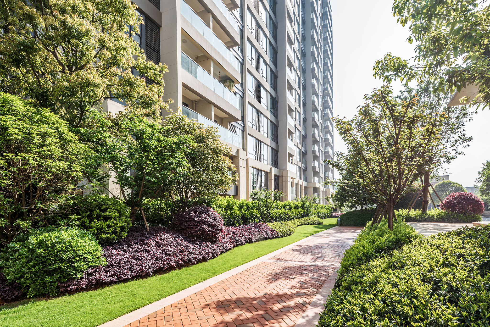 garden landscape and green lawn in gardens of modern high-rise r