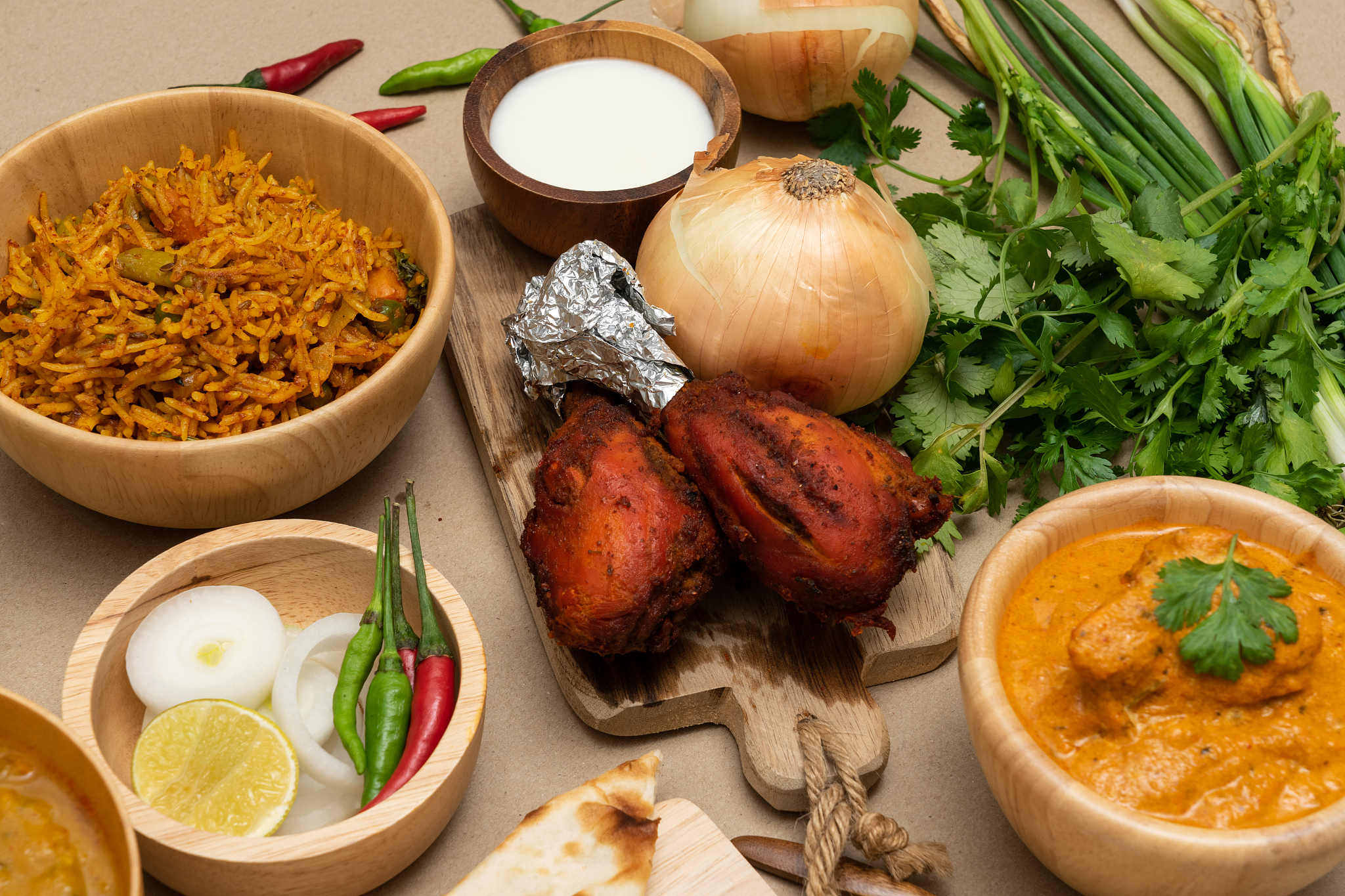 dinner preparation of various indian food menus, biryani rice, b