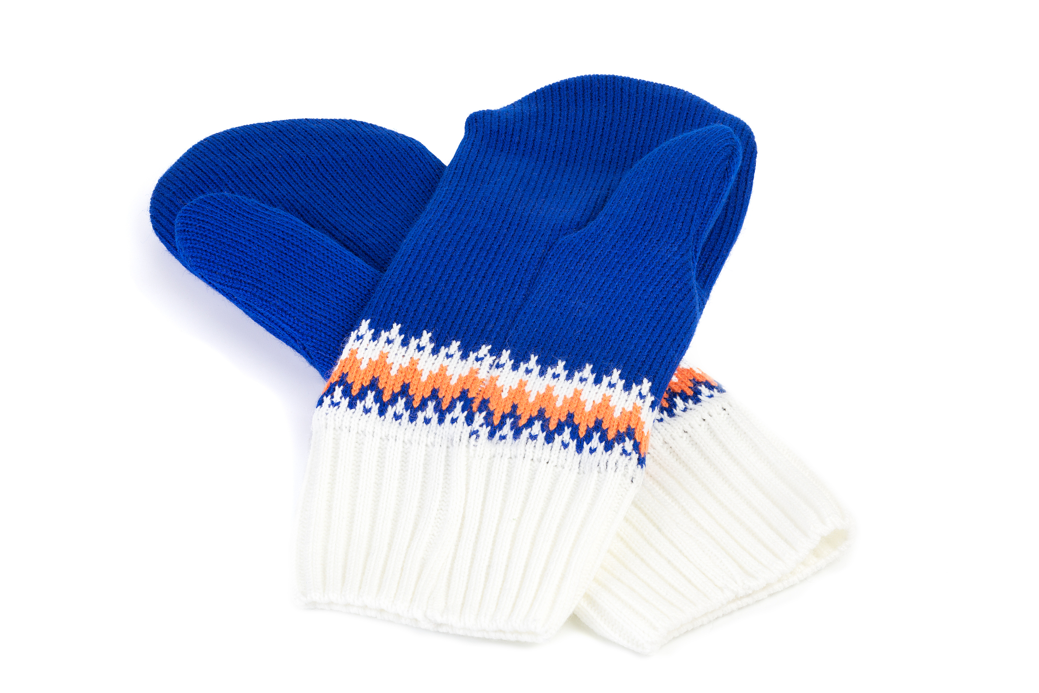 blue and white knited mittens isolated on white background