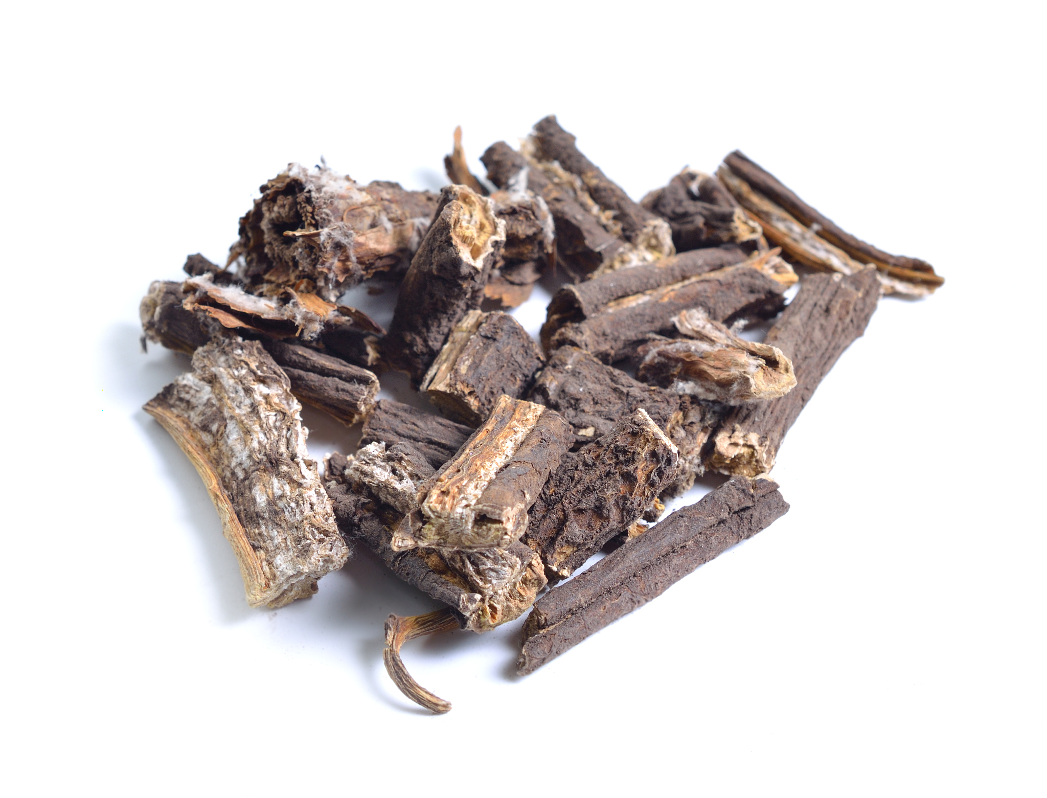 dried medicinal herbs raw materials isolated on white. root of a