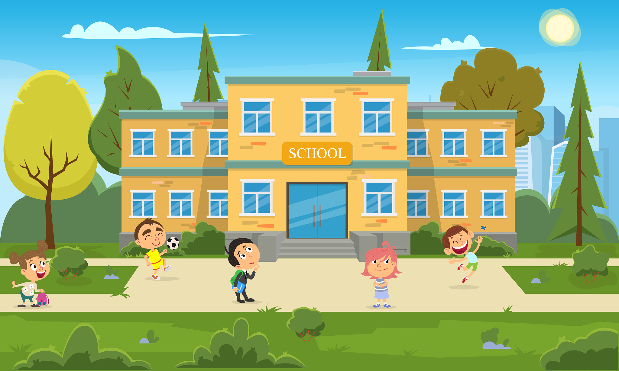 school building and children in the front yard of the school.