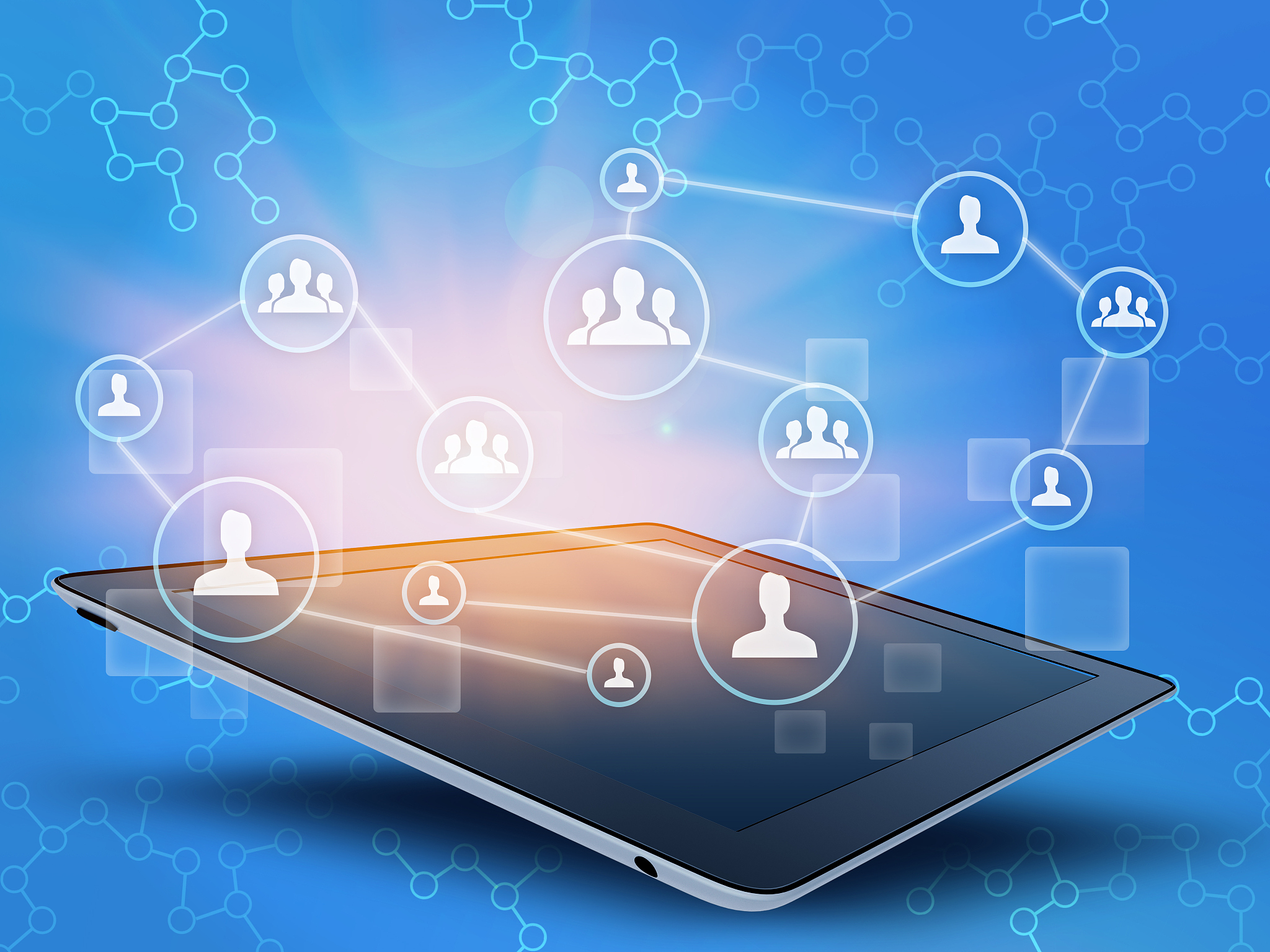 tablet and people together in a team on via network.