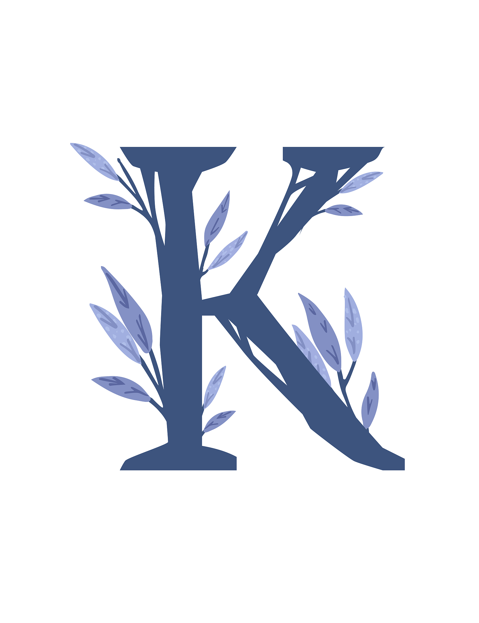 letter k hand drawn tree branches with leaves botanical flowers 