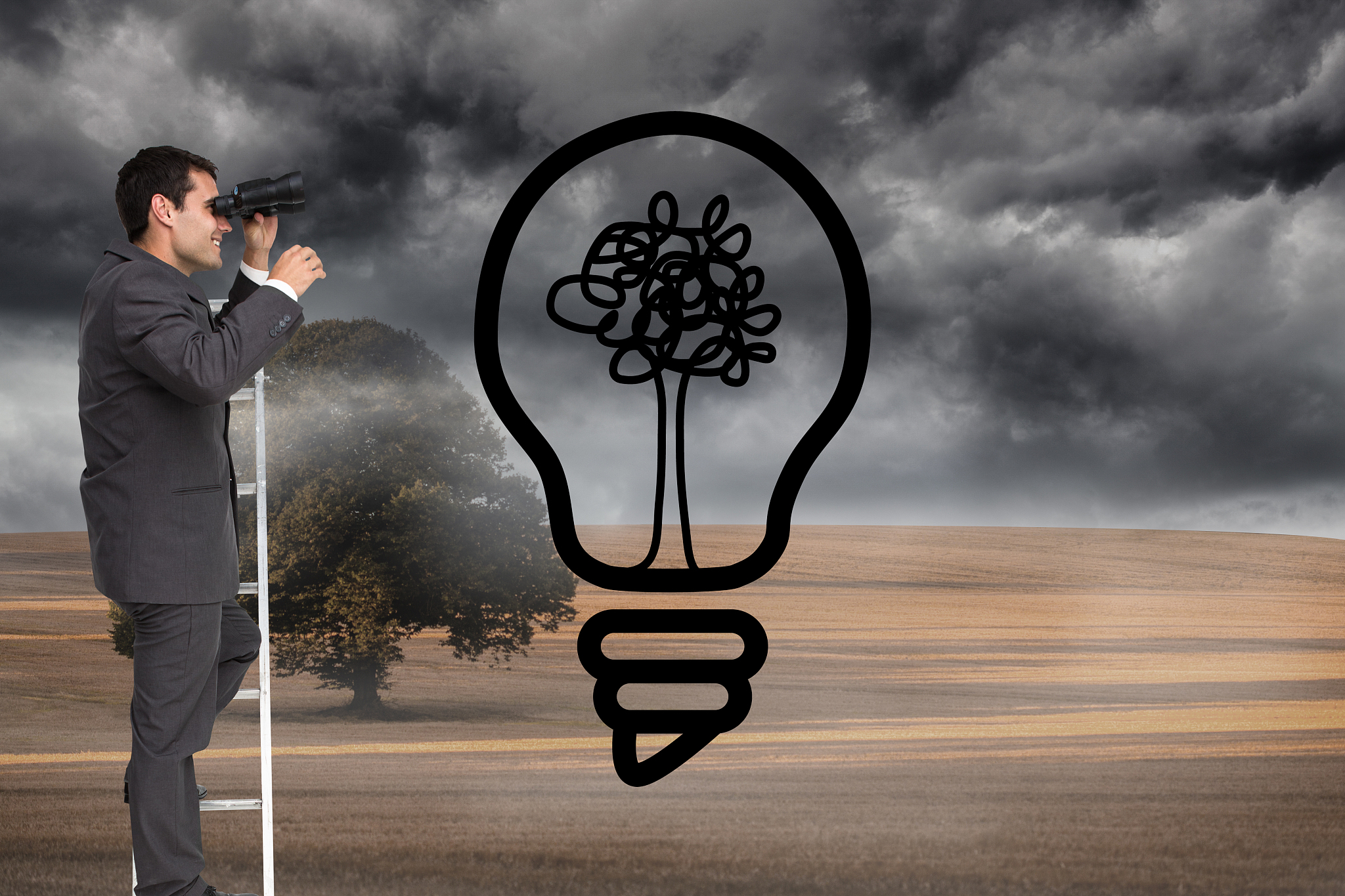 composite image of businessman standing on ladder holding binocu