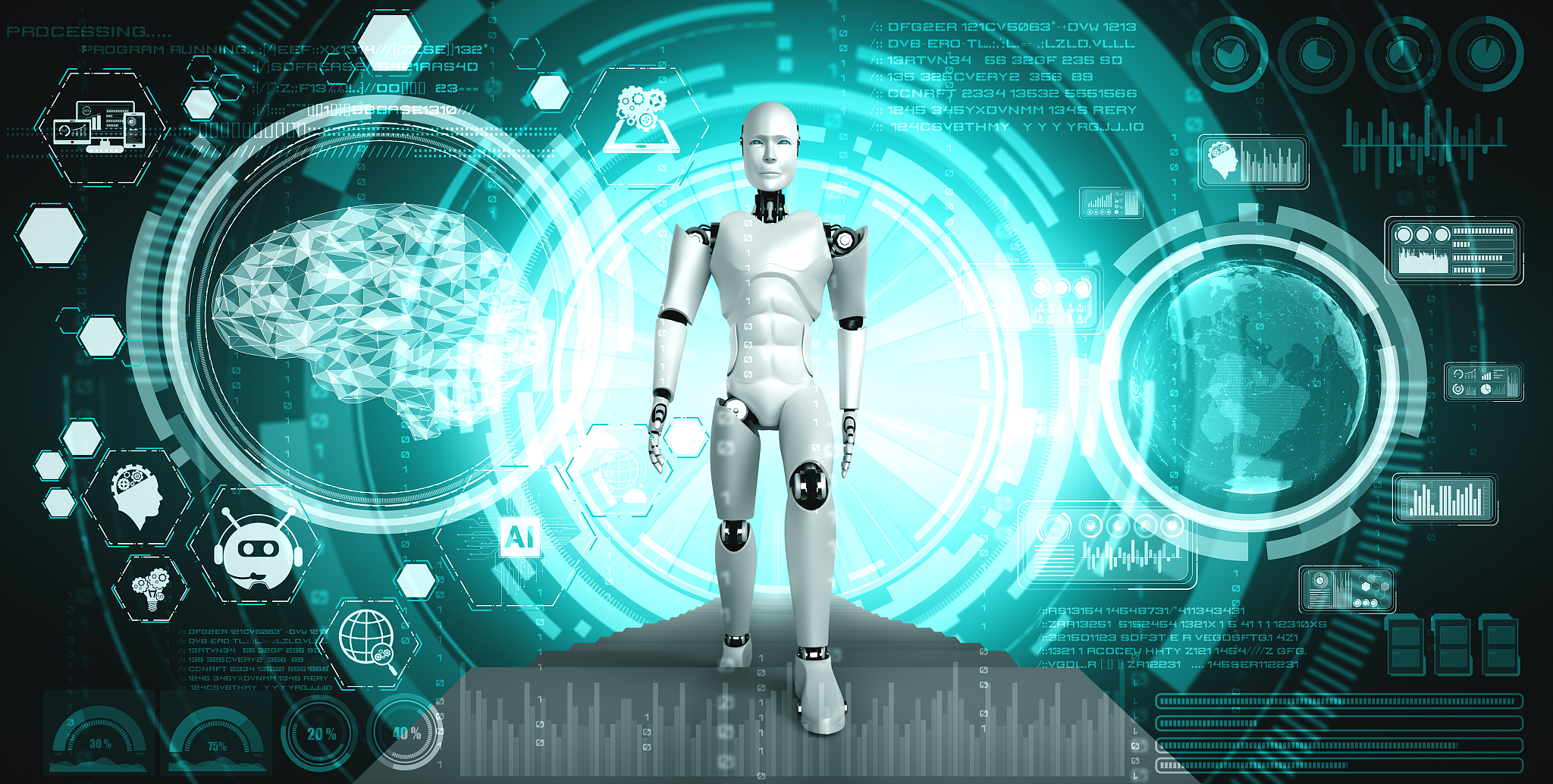3d rendering robot humanoid analyzing big data using ai thinking