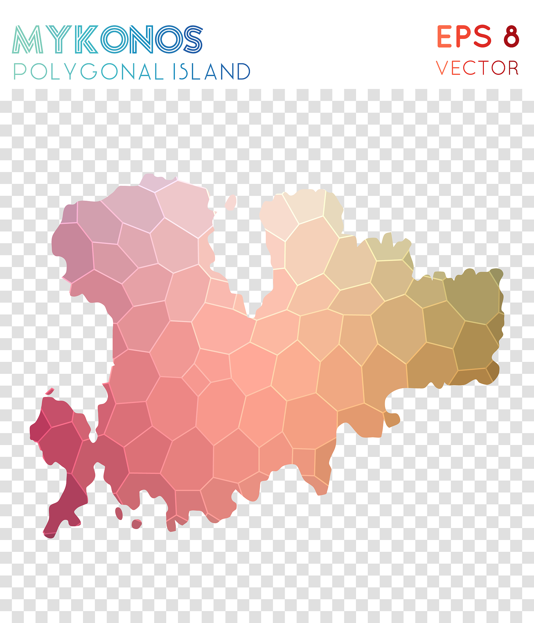 mykonos polygonal map, mosaic style island.