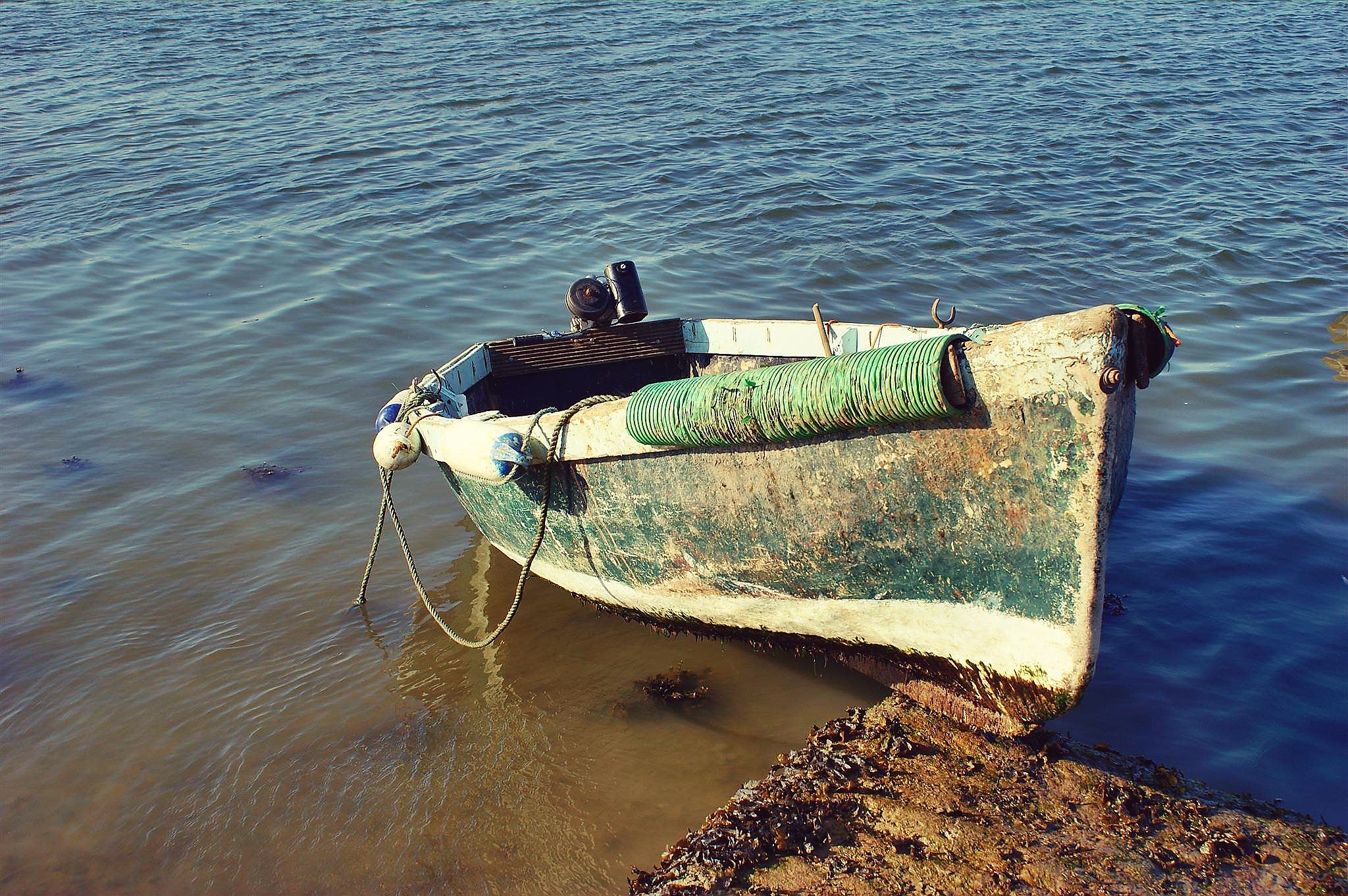 high angle view of boat moored in sea
