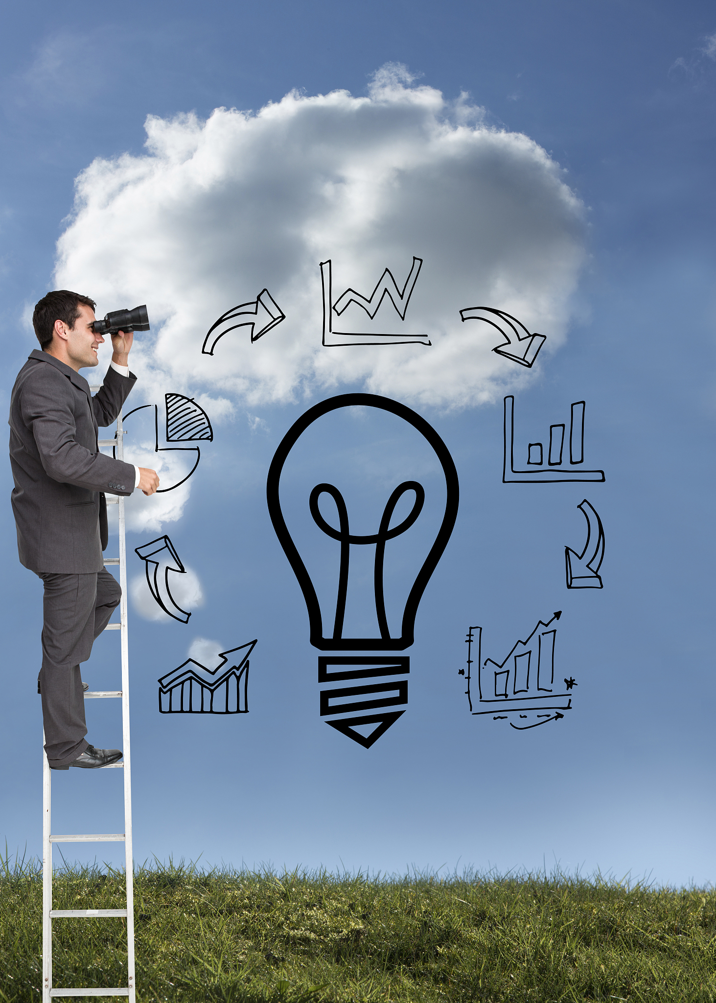 composite image of businessman standing on ladder