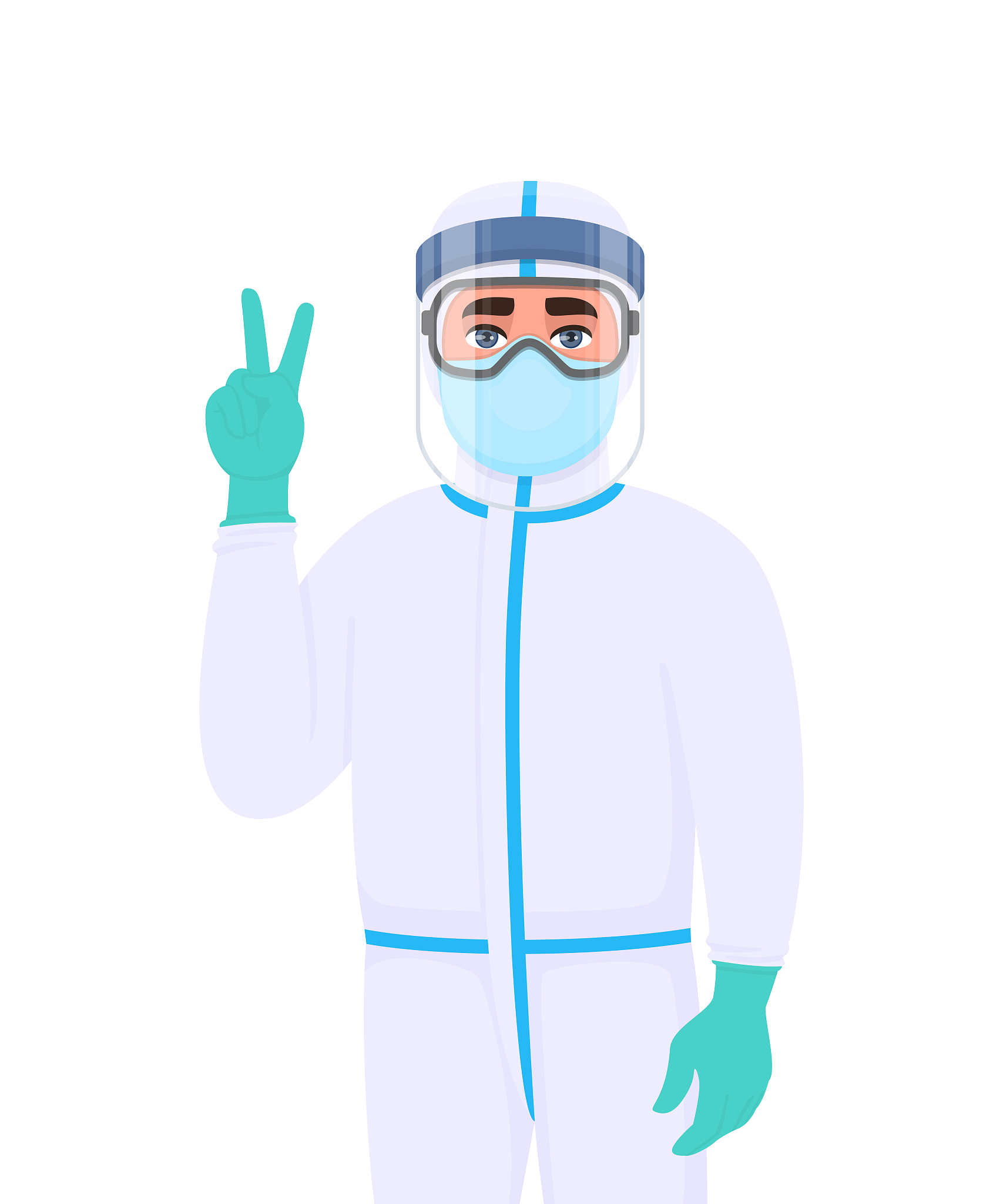 doctor in protective suit showing victory, peace gesture sign. m