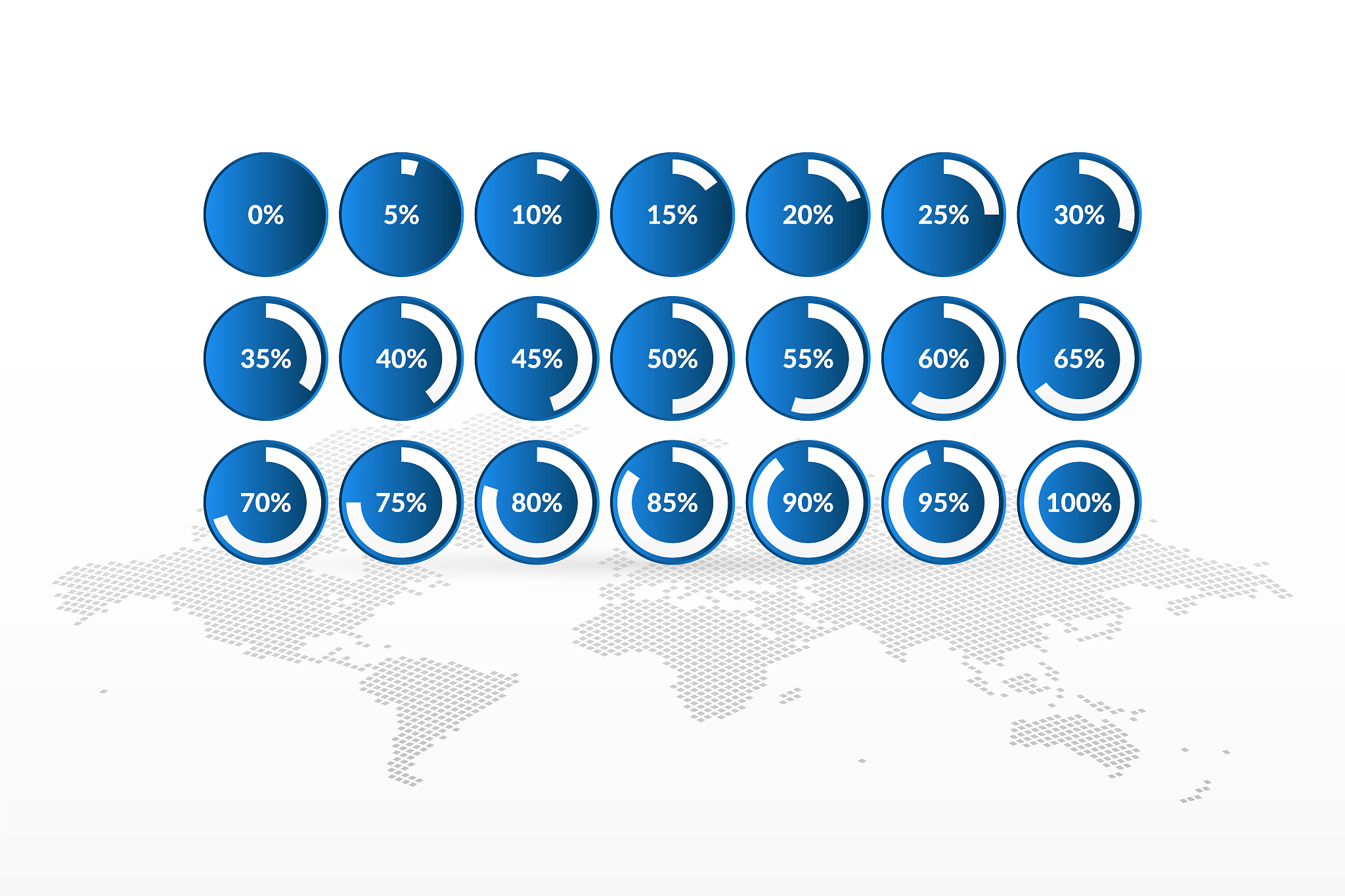 percentage vector infographic icons set on world map background.