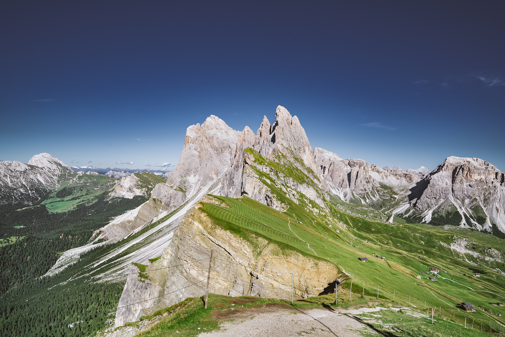 italian alps - seceda mountain in a sunny cloudless day, view fr