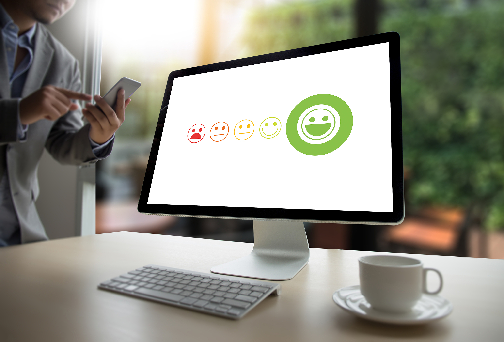 business man and woman select happy on satisfaction evaluation? 