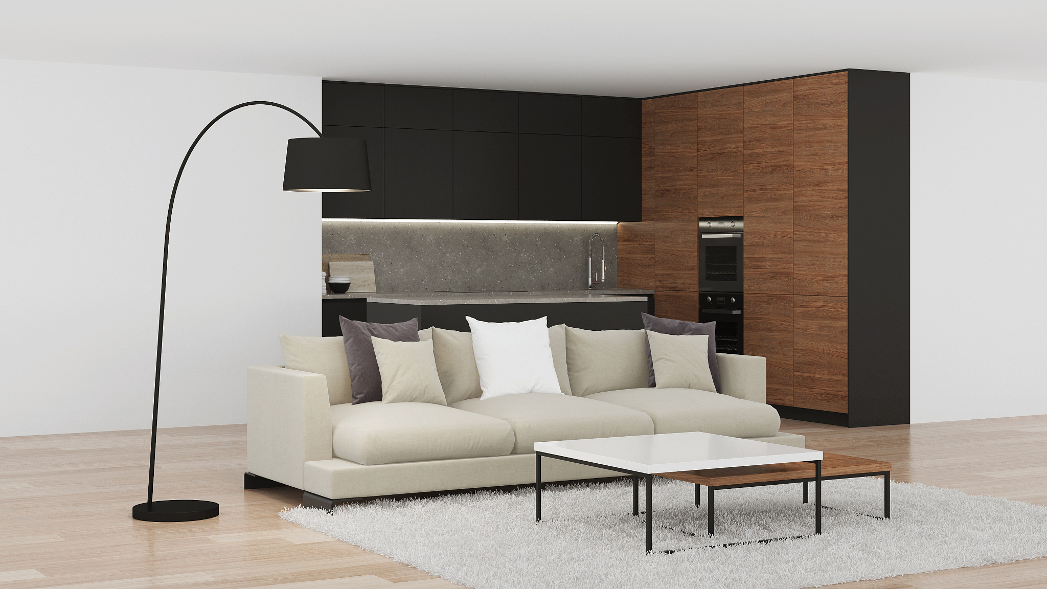 modern kitchen interior. bright interior with black kitchen. 3d 