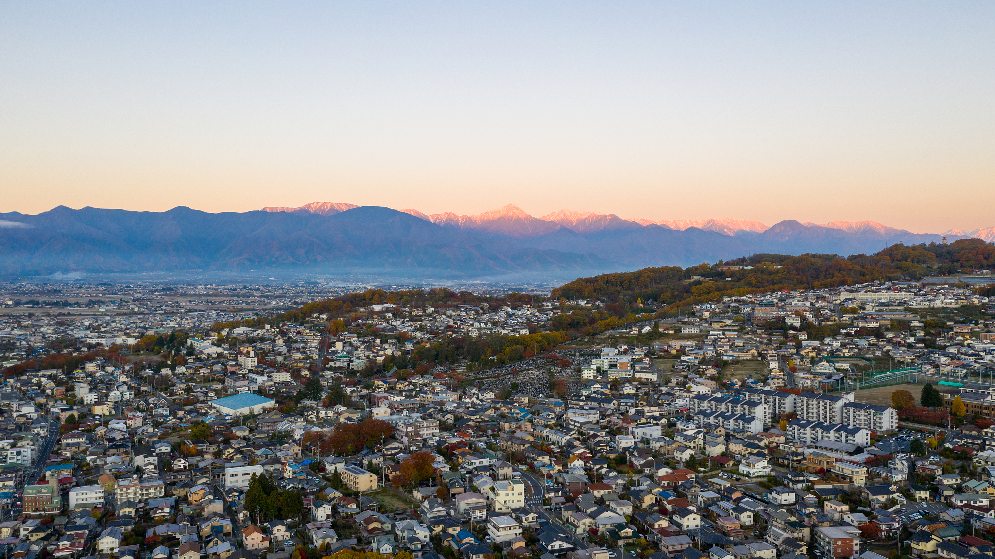 aerial view sunrise in nagano city,japan