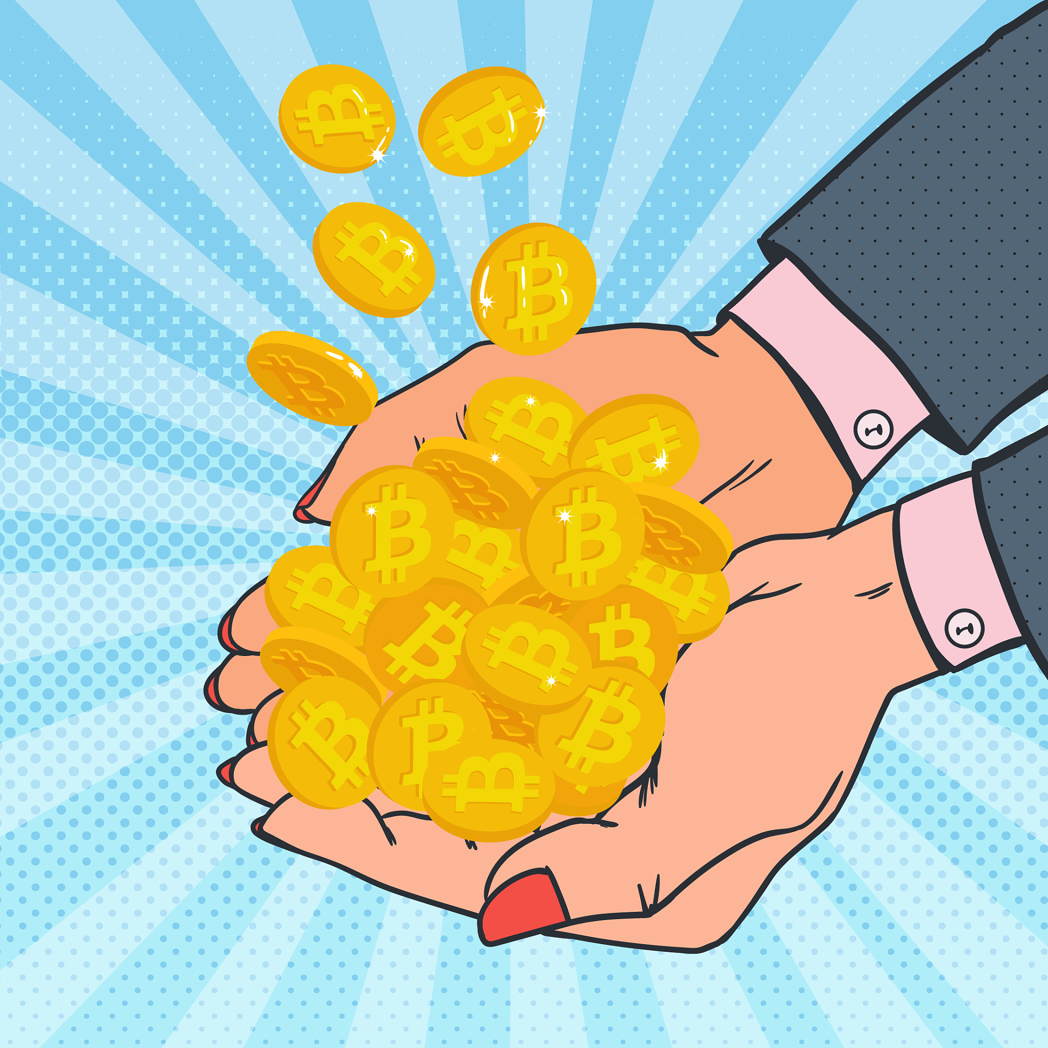 pop art female hands full of golden bitcoin