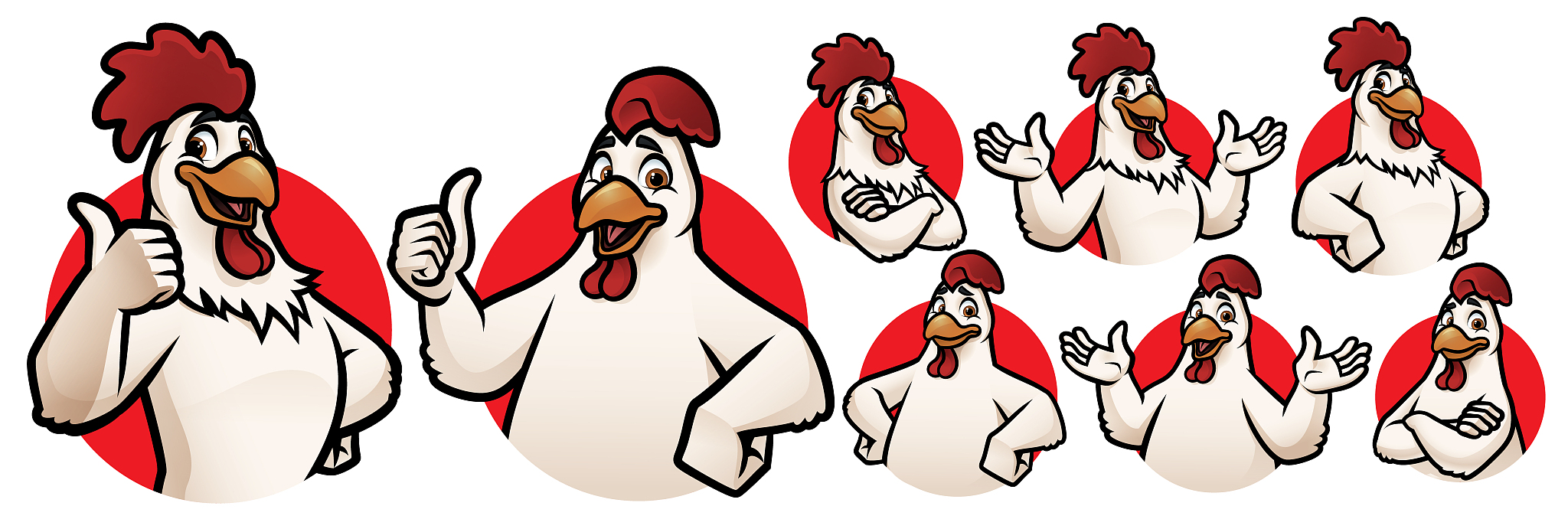 cartoon rooster and chicken mascot for logo with 8 poses_eps 10 