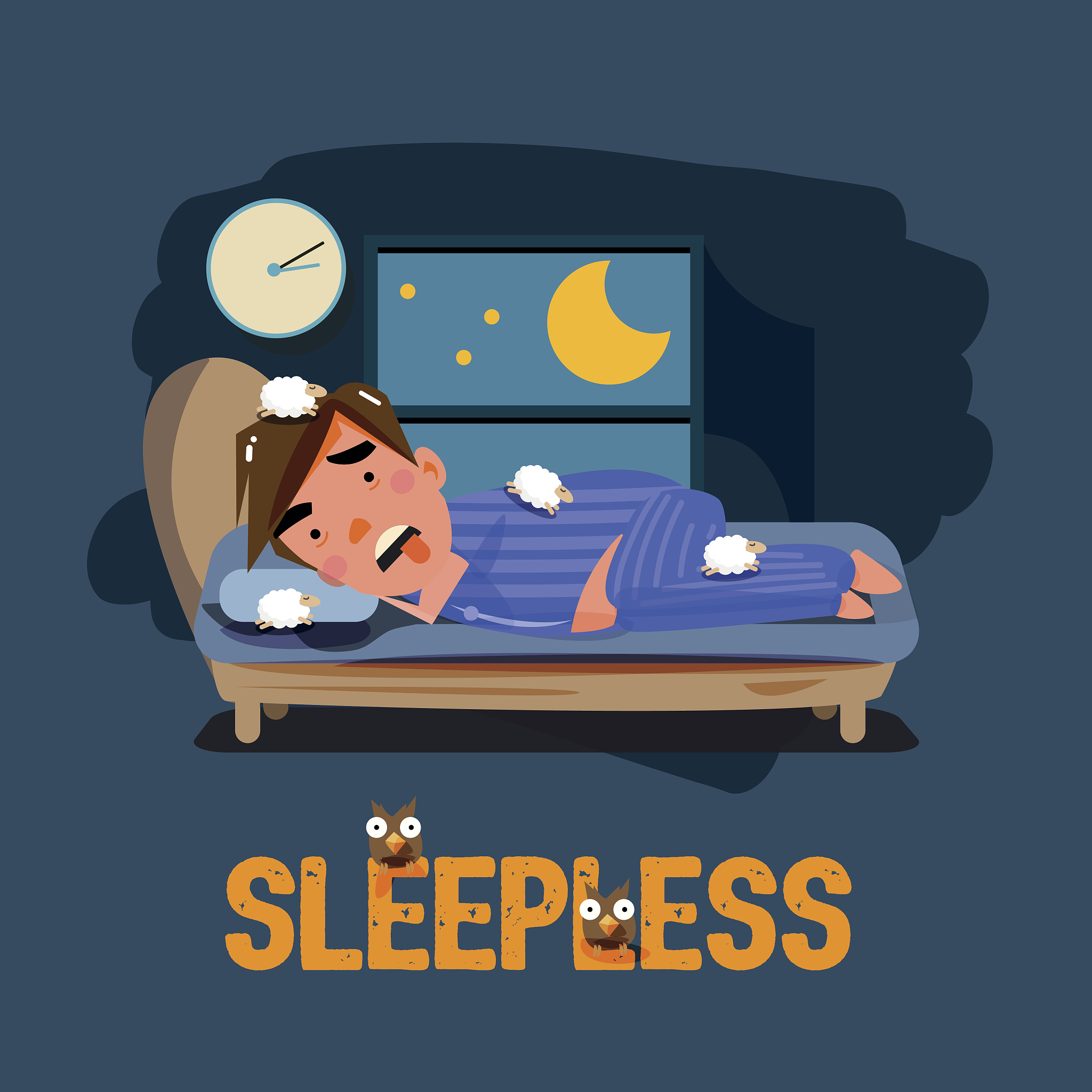 sleepless man character on the bed with bad emotional feeling.