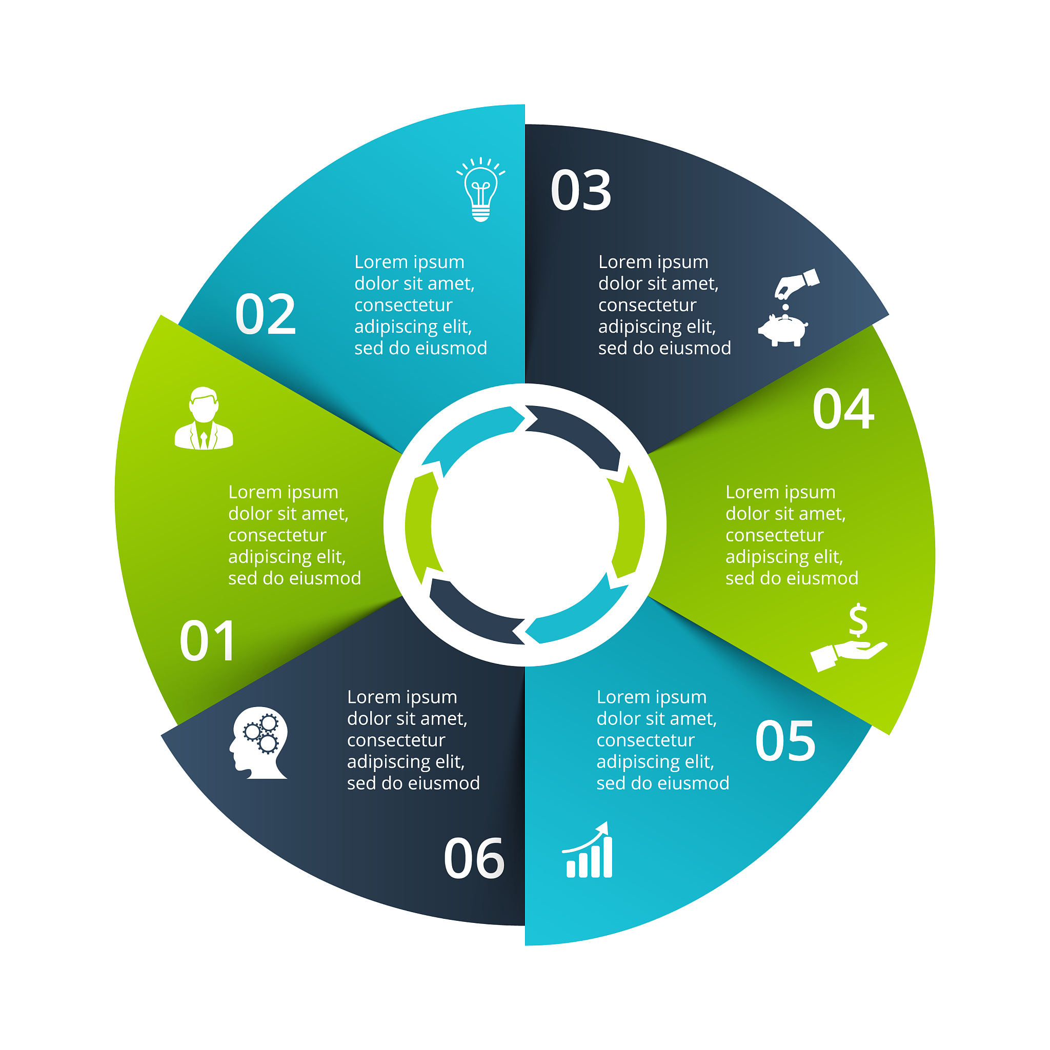 circle diagram divided into 6 parts steps or