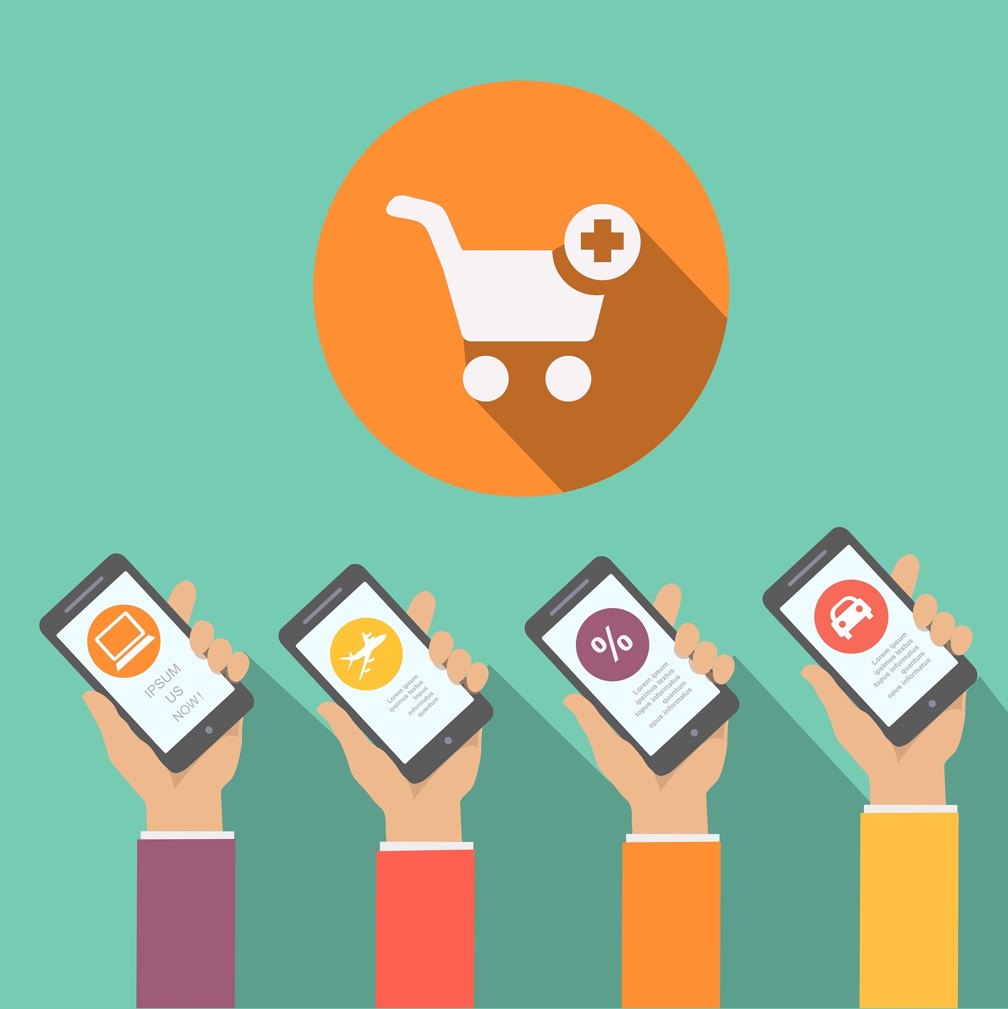 mobile online shopping apps in flat design hands