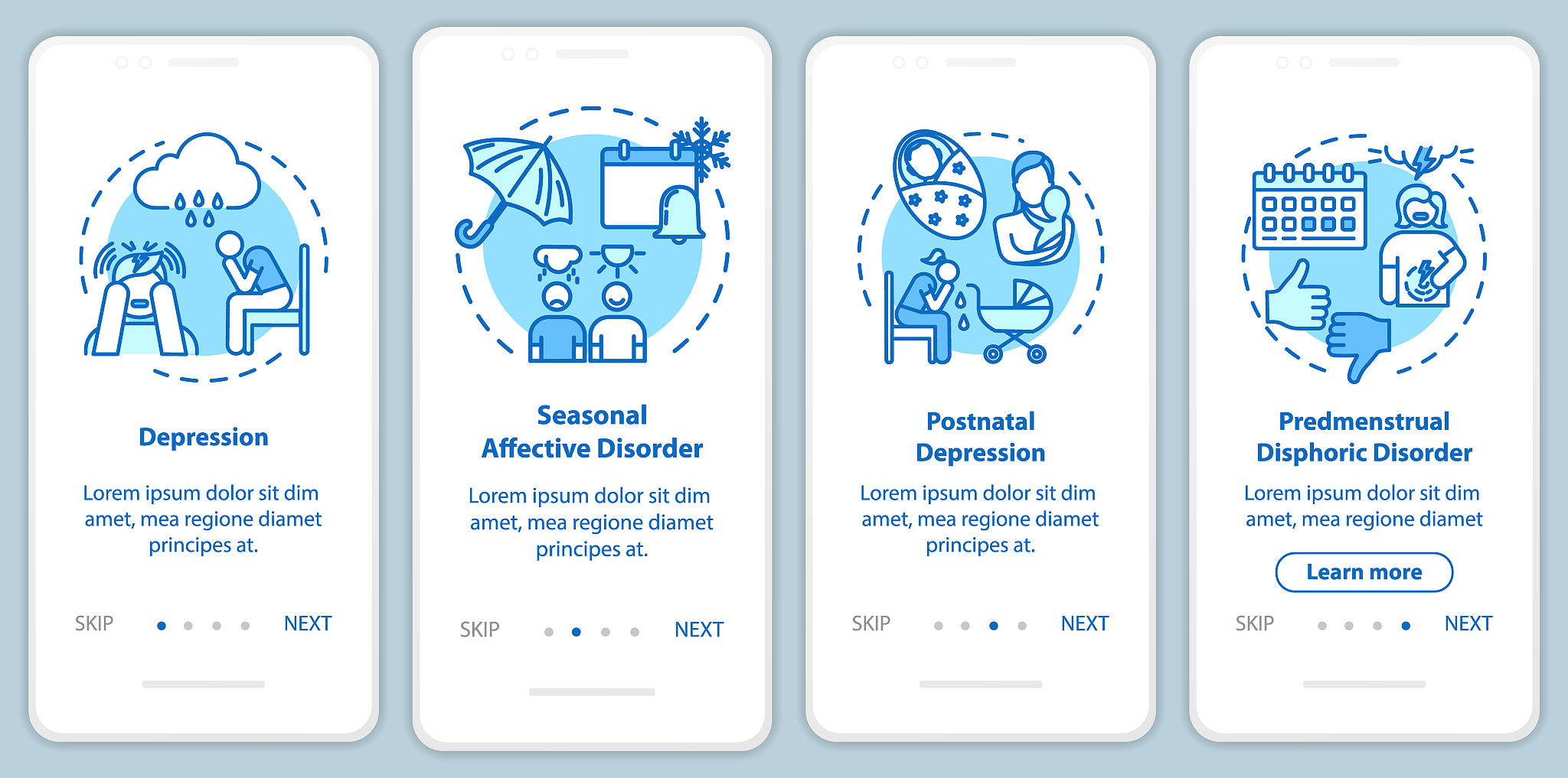 mental disorder onboarding mobile app page screen with concepts.