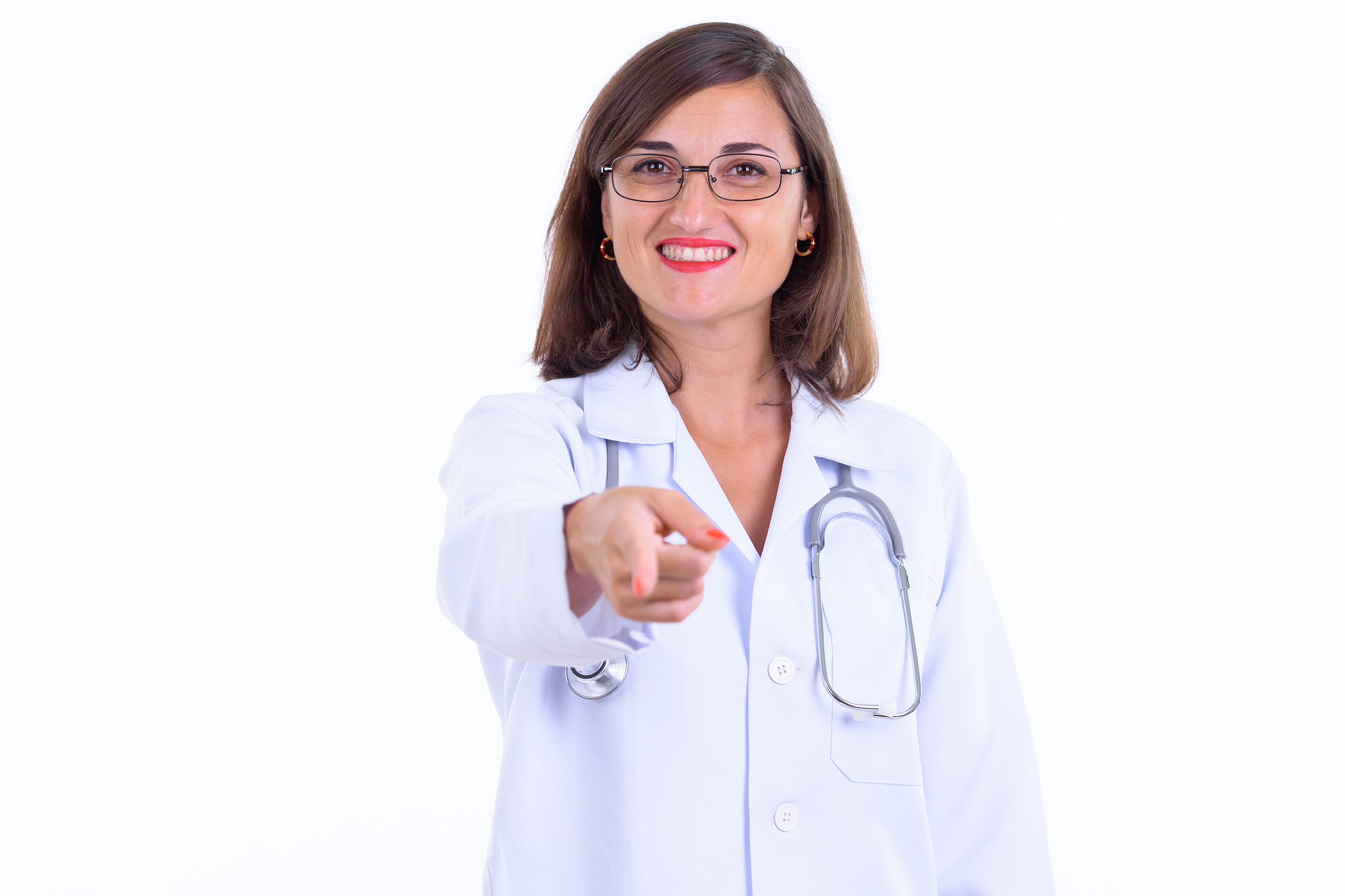 happy beautiful woman doctor with eyeglasses pointing at camera