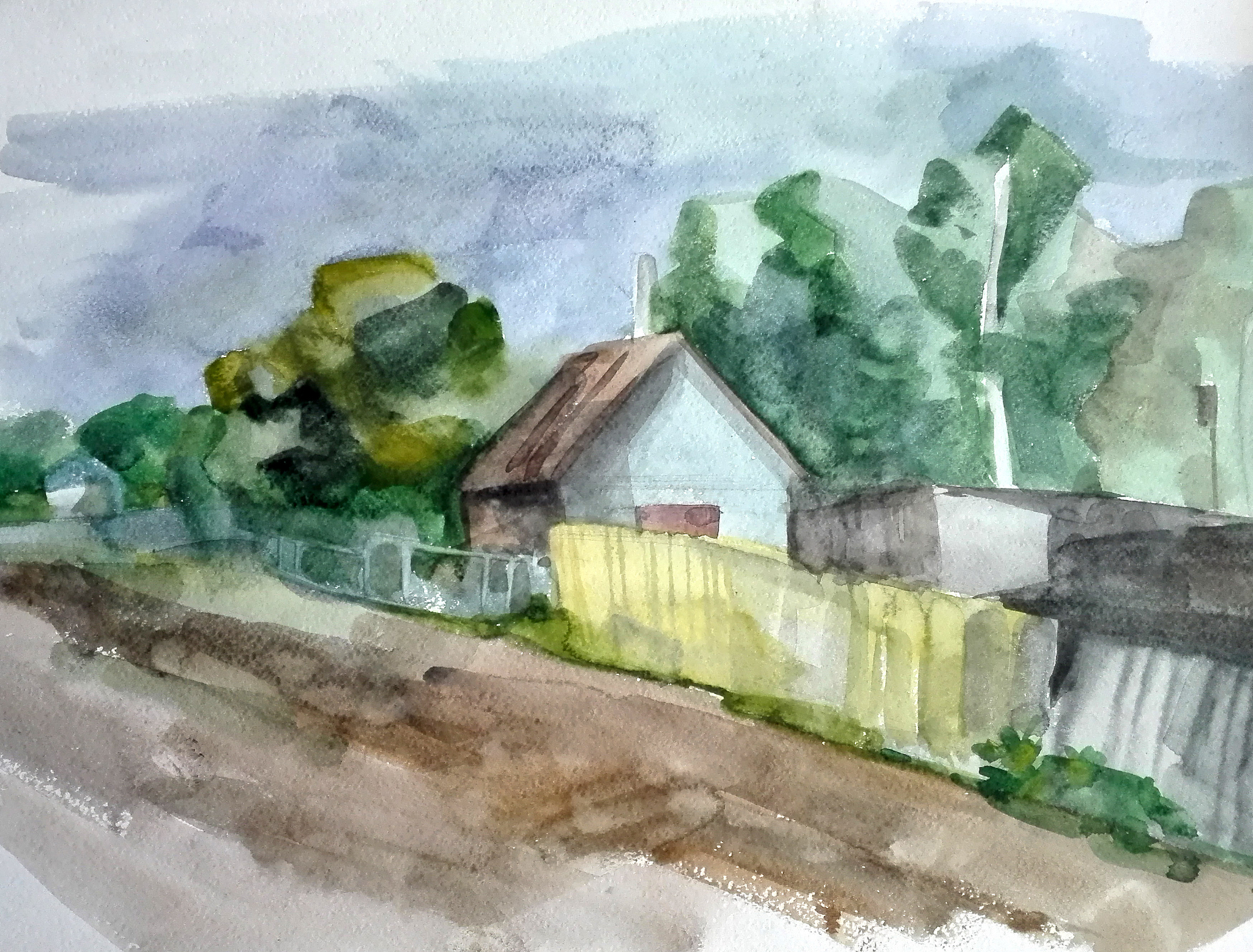 翻译：作品中的远景和近景都很多在由实到虚再由近及远中房屋的刻画是一个难点它们形态各异且颜色变化较多要将其统一在一定色调之中。由于肌理的随机性画面中一些房屋的屋顶和墙体的渐变色产生了微妙的变化笔者因此在之前构图的基础之上临时增加一些船只并改变窗户与门的不对称这样既丰富了画面的内容、渲染了氛围也解决了远近房屋的刻画问题从而使得整幅画面张弛有力、收放自如。
